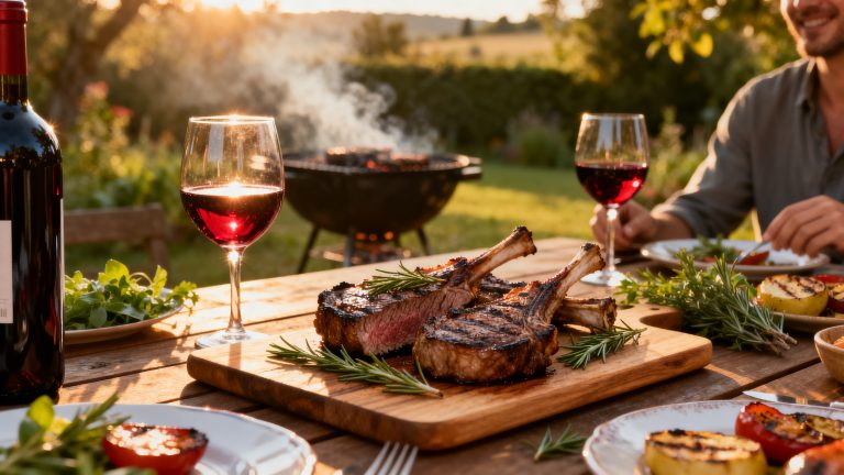 Barbecue d été en terrasse avec viandes grillées et verre de vin rouge — accords mets vins