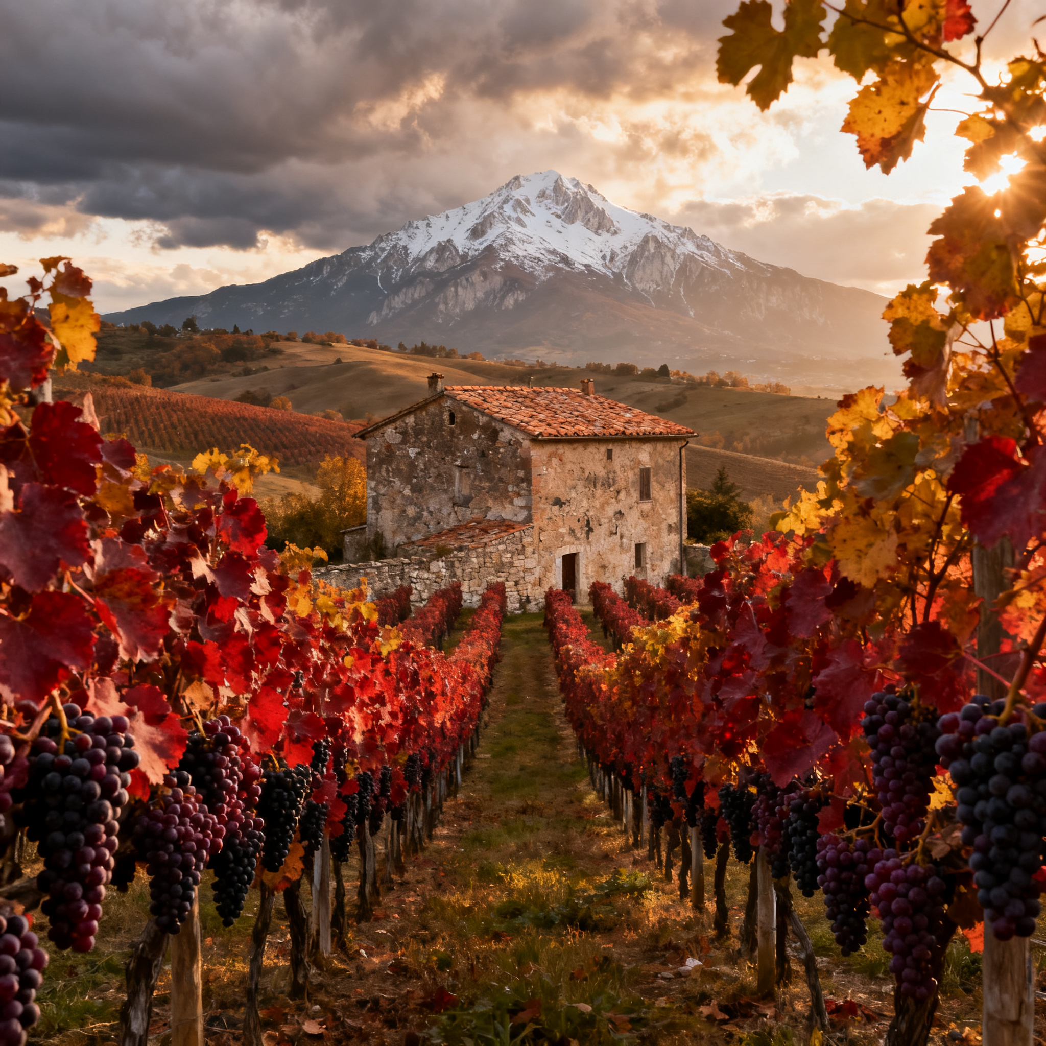 Vignoble Montepulciano d Abruzzo avec le Gran Sasso en arriere-plan, Italie