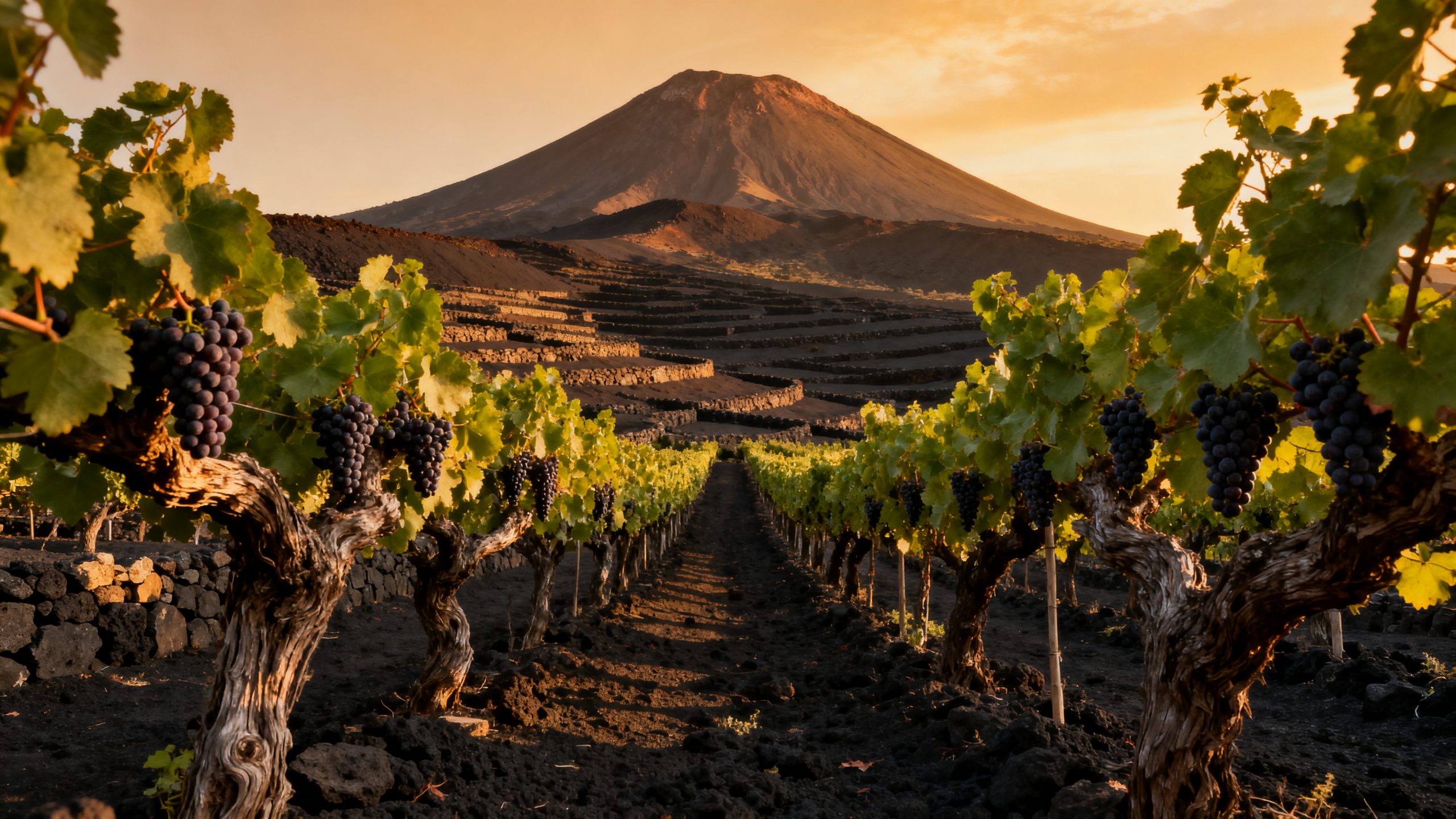 Vignoble Aglianico sur les pentes volcaniques du Mont Vulture en Basilicate au coucher du soleil