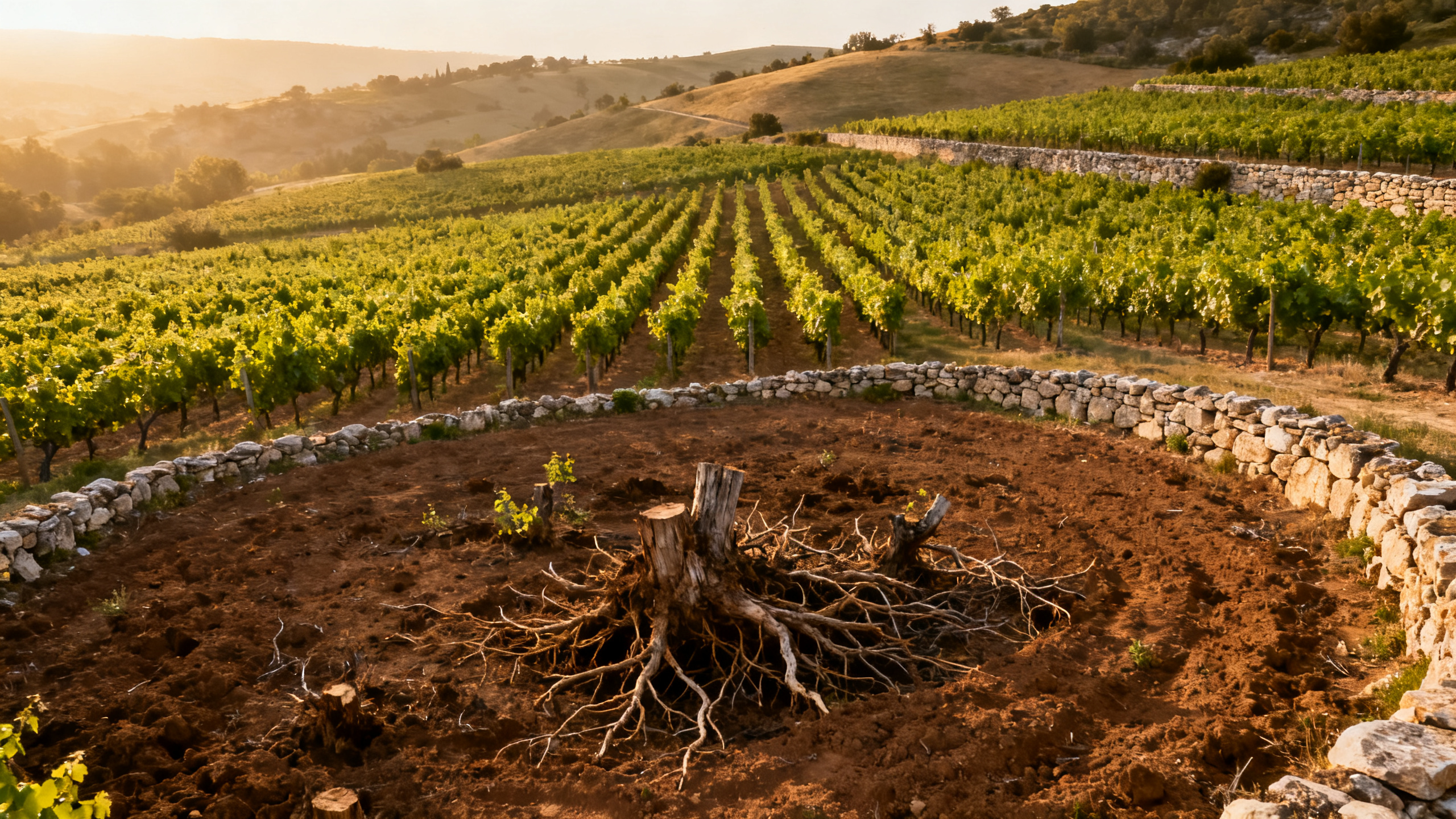 Vue aerienne d un vignoble francais avec parcelle frachement arrachee au premier plan