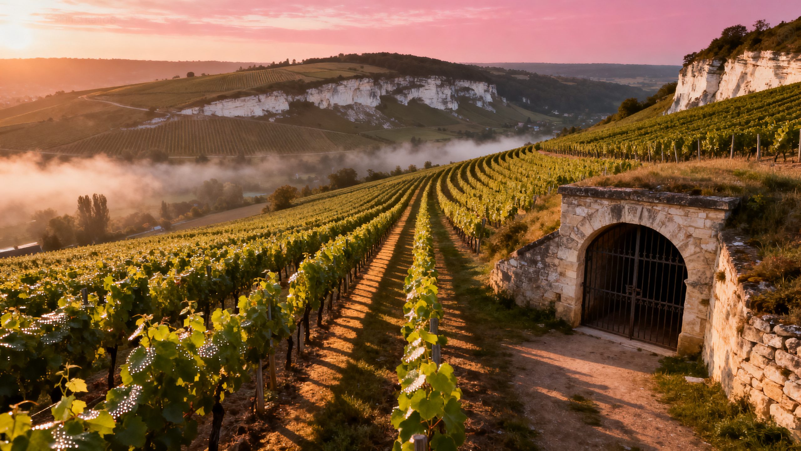 Vignobles champenois au lever du soleil, ambiance premium