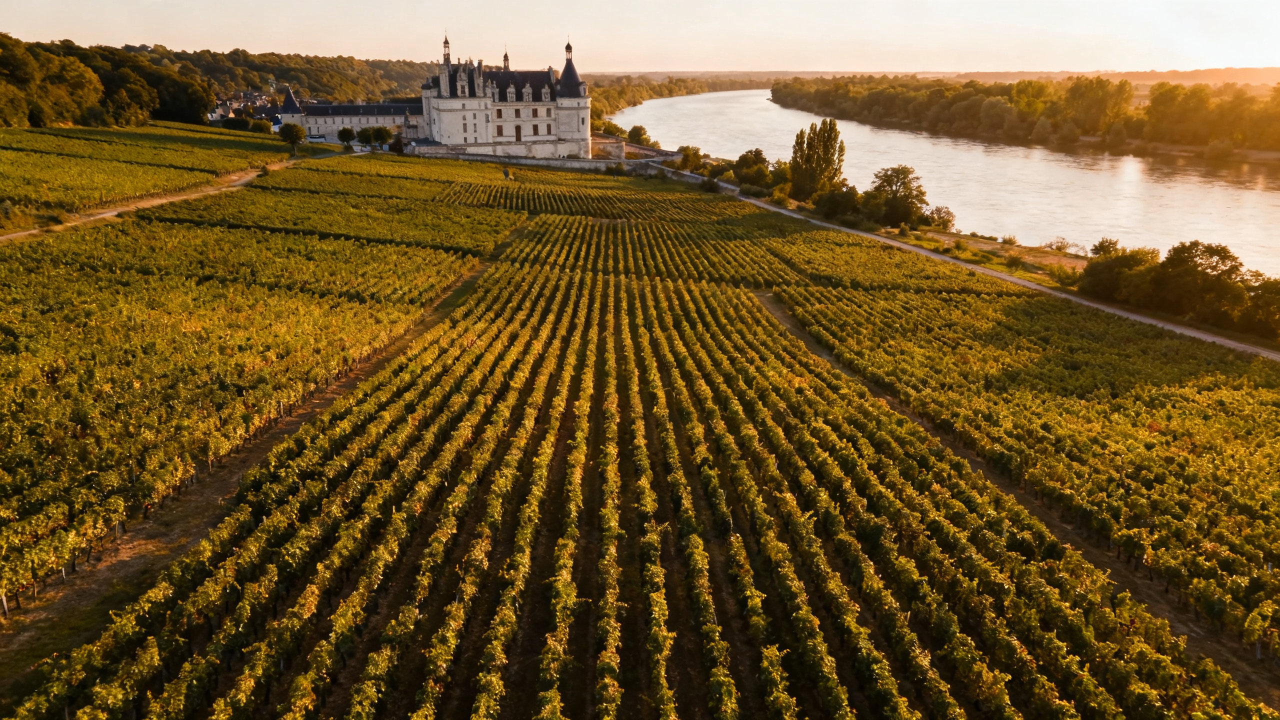 Vignoble de la Vallée de la Loire avec le fleuve en arrière-plan, coucher de soleil