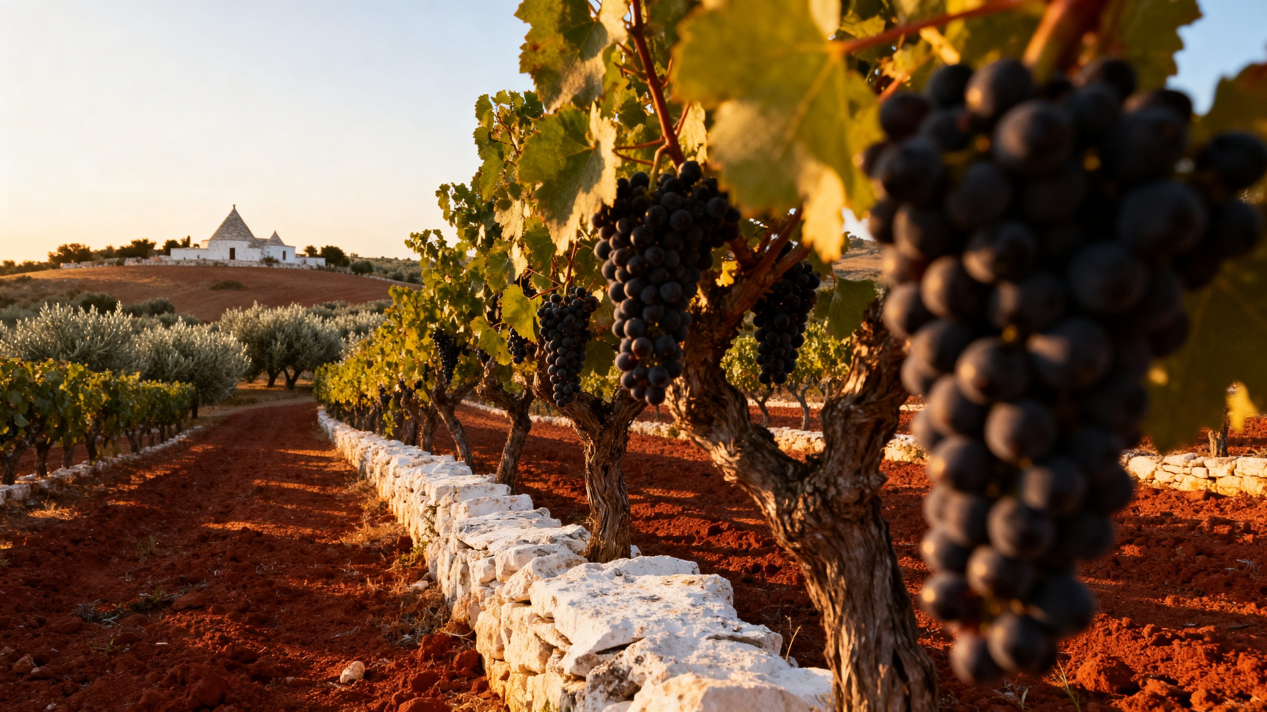 Vignobles de Negroamaro dans le Salento, Pouilles, au coucher du soleil