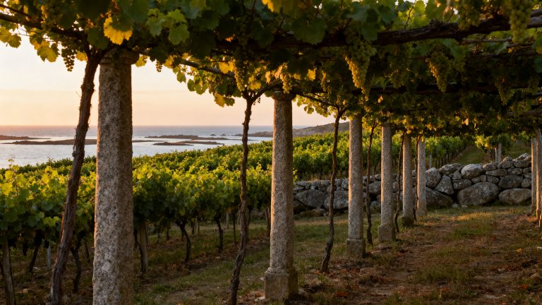 Albariño : guide complet du blanc atlantique de Galice (Rias Baixas) Vignobles Albariño en pergola dans les Rias Baixas, Galice — pieds de granit, vue Atlantique