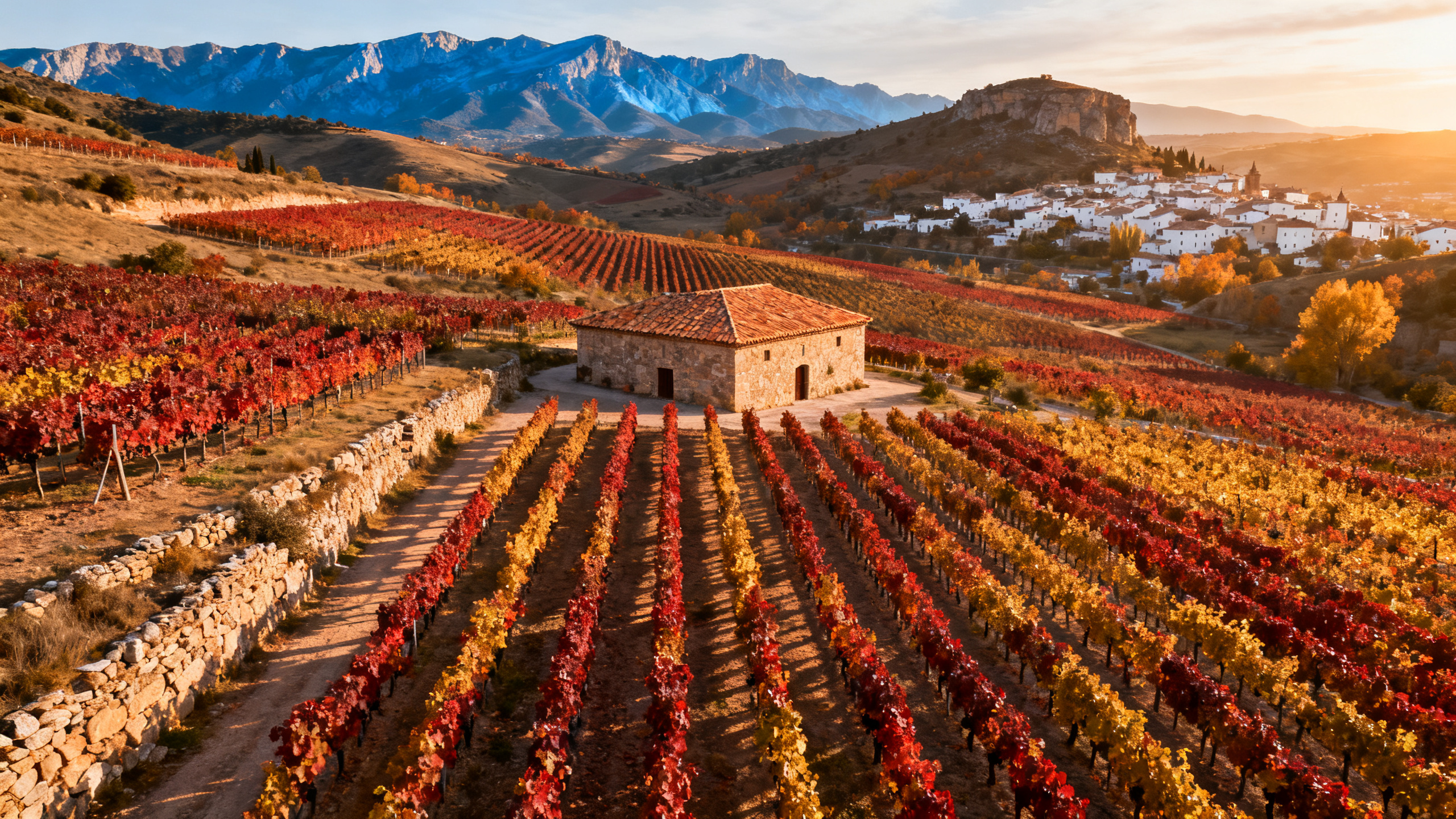Vignoble de La Rioja au lever du soleil, Sierra de la Demanda en arrière-plan