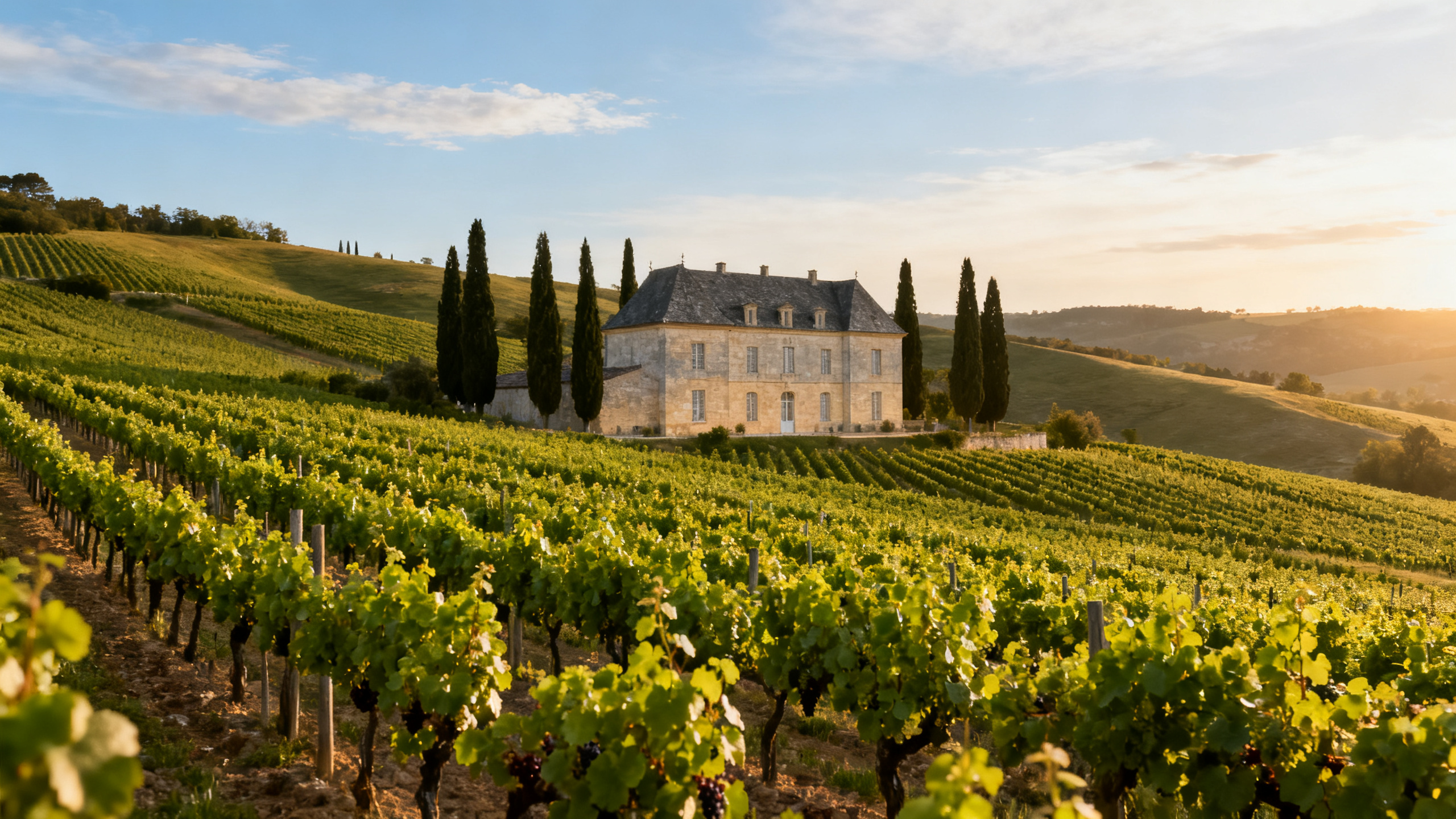 Vignobles de la Rive Droite de Bordeaux au printemps, château typique en arrière-plan