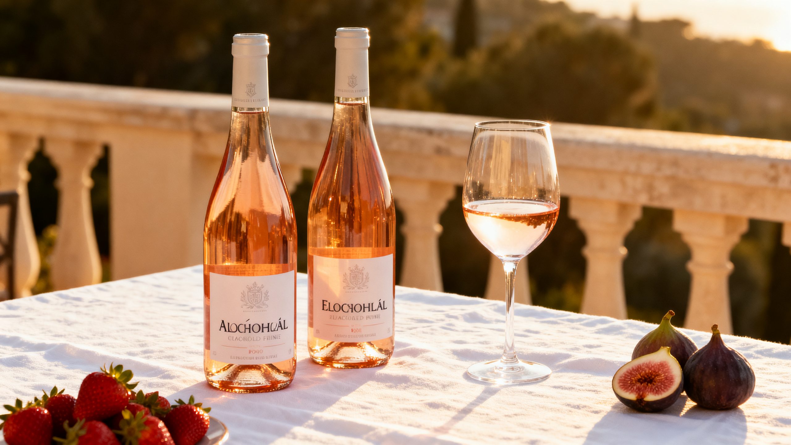 Verre de vin rosé sans alcool sur terrasse au soleil avec figues et fraises