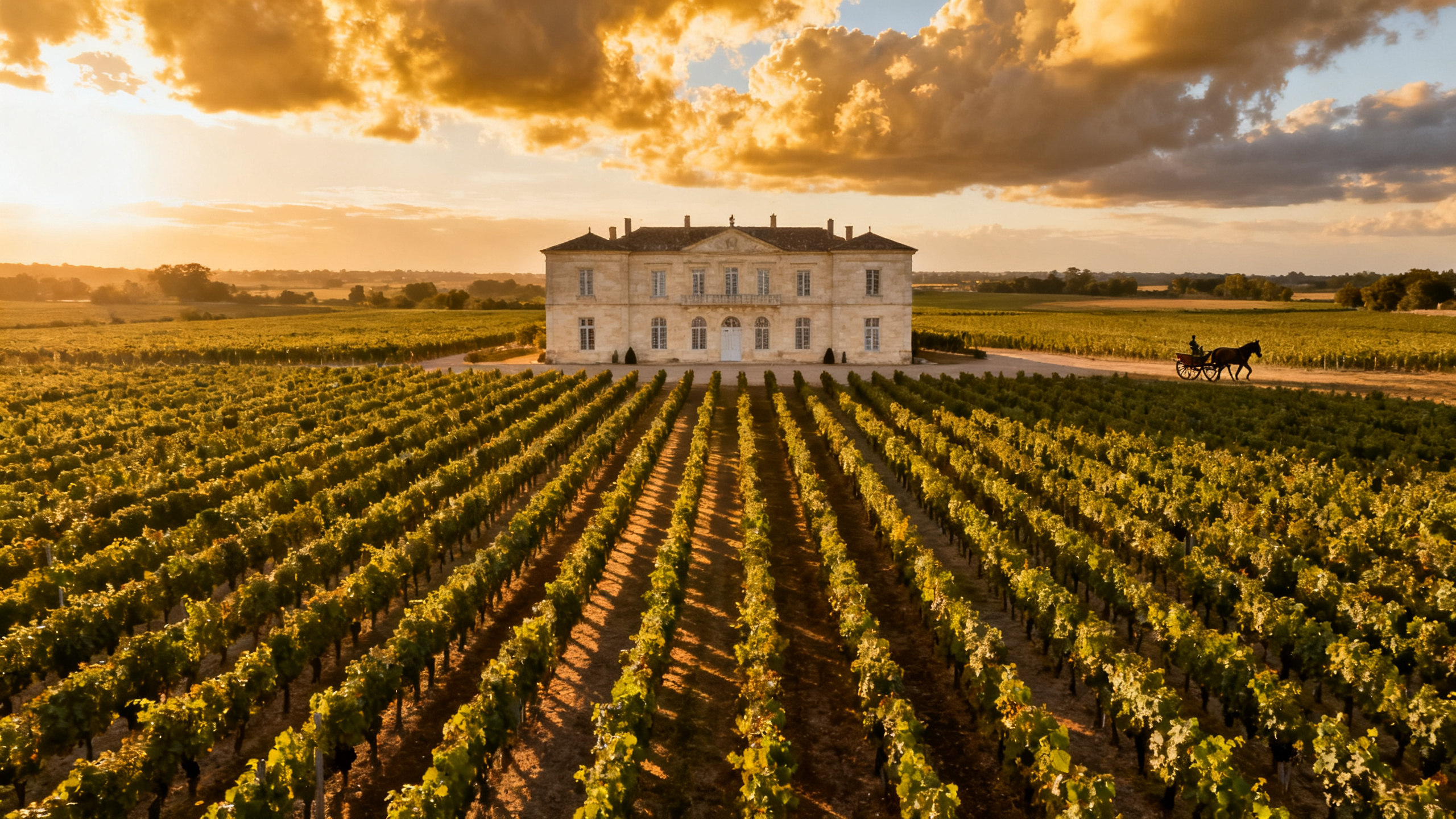 Vignes du Château Pontet-Canet à Pauillac avec attelage de chevaux pour les labours biodynamiques, primeurs Bordeaux 2025