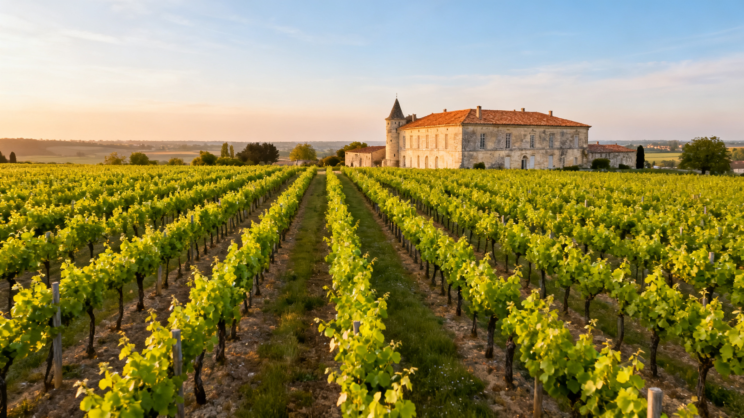 Vignoble de Saint-Émilion au printemps, rangs de vignes au feuillage tendre, château en pierre claire, ciel bleu doux de mai