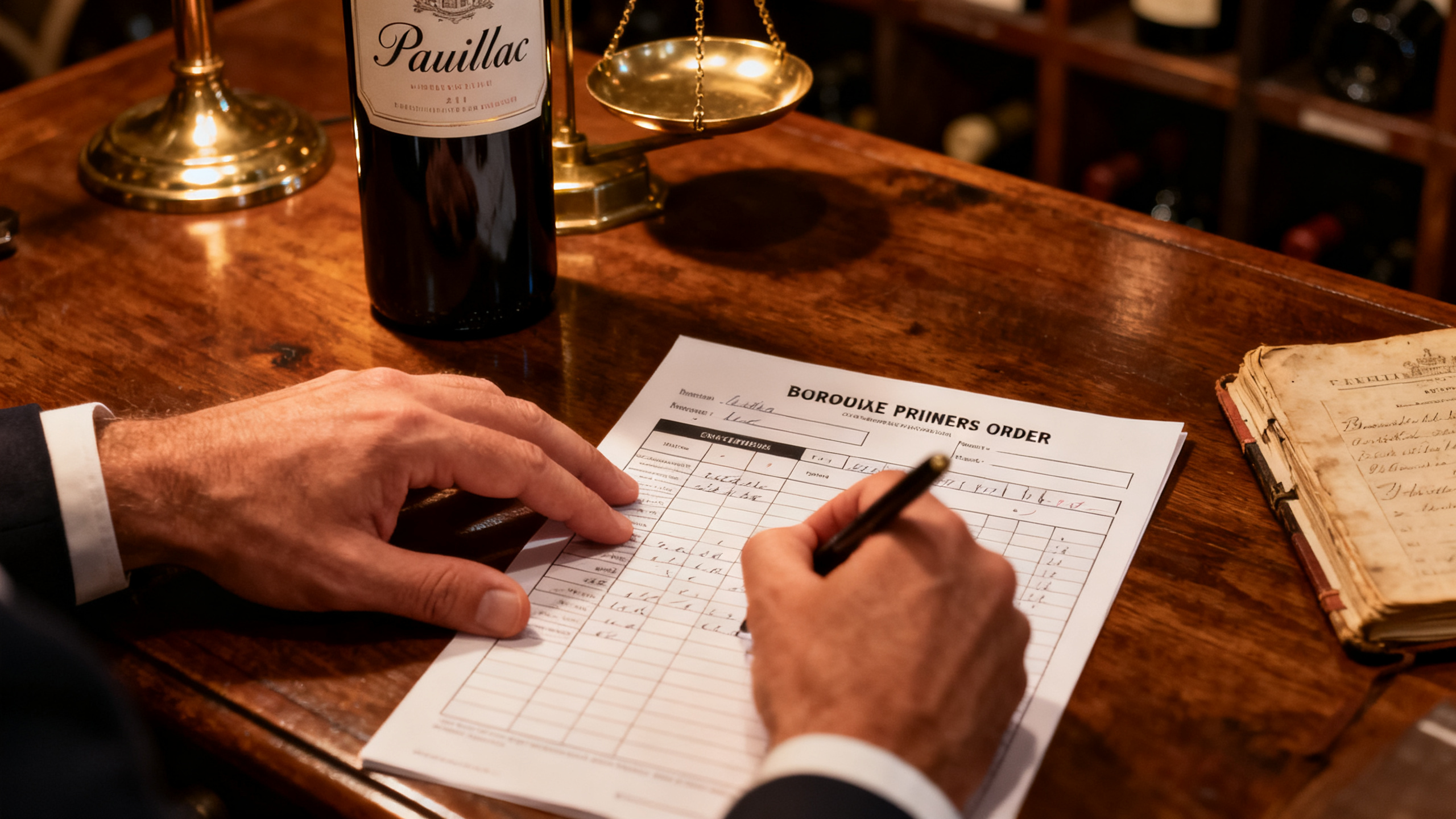 Mains de négociant remplissant un bon de commande primeurs Bordeaux, bouteille étiquetée Pauillac, ambiance cave bois clair