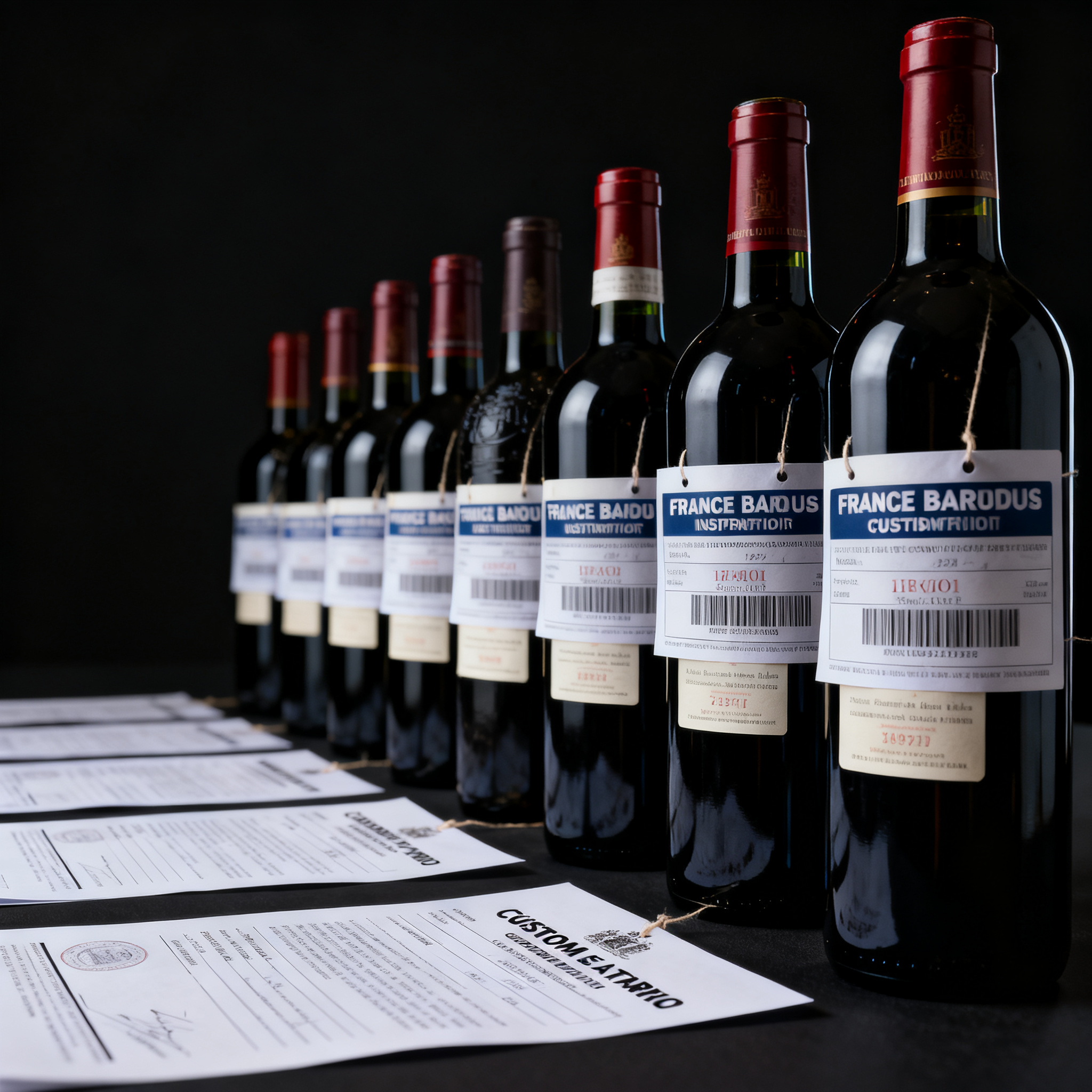 Bouteilles de vin français avec document de tarifs douaniers, tensions commerciales Trump