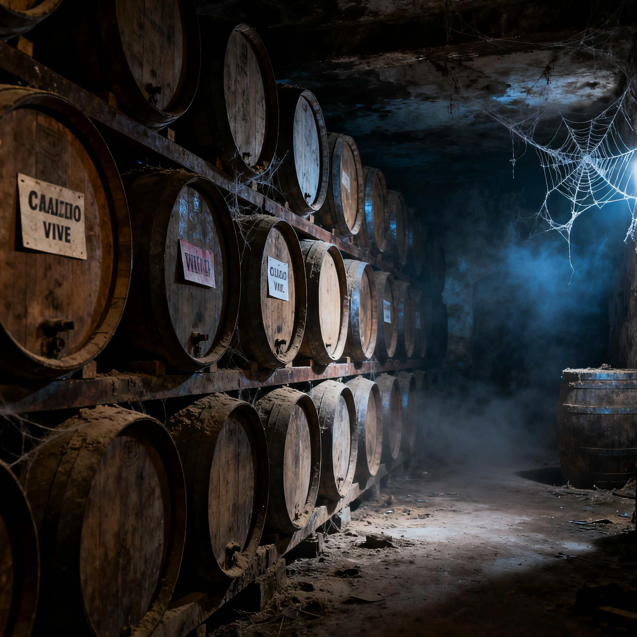 Cave avec fûts de chêne dans l'obscurité, liquidation judiciaire H&A Location Bordeaux