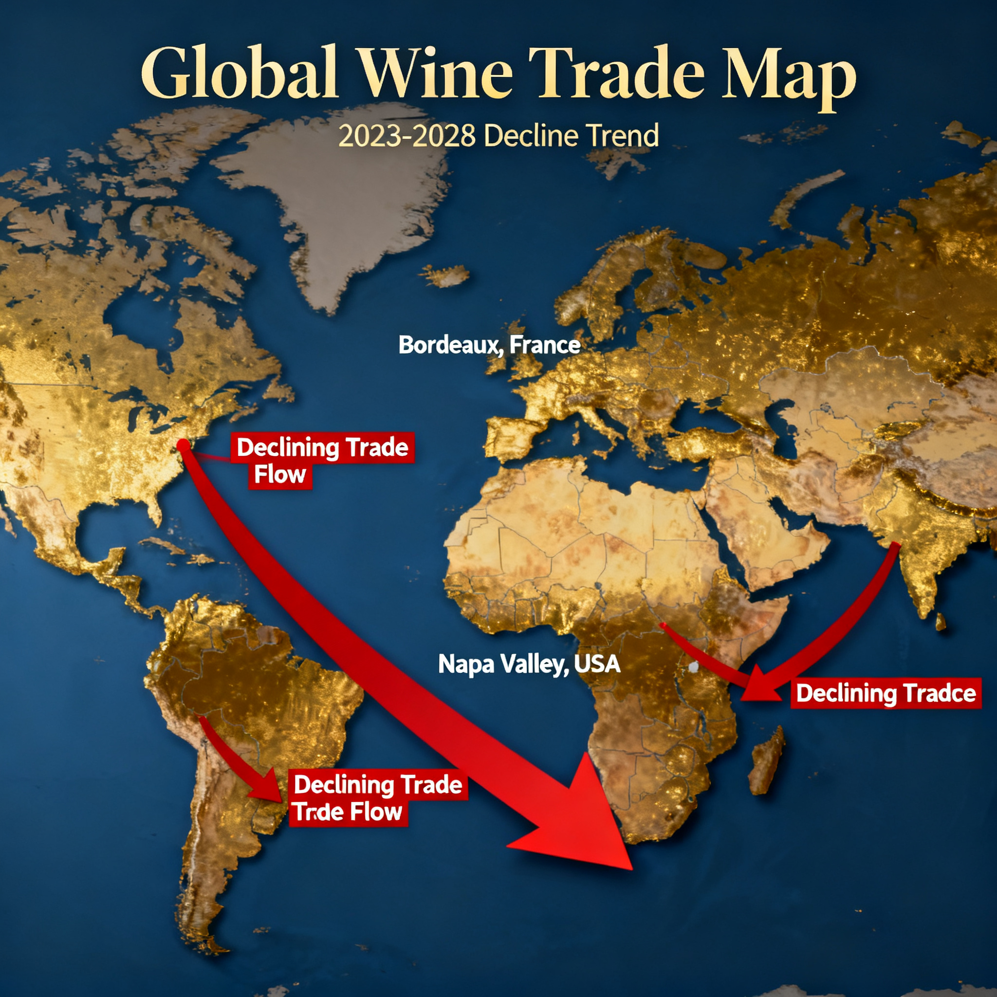 Carte du monde avec régions viticoles et indicateurs du déclin du commerce international du vin en 2025
