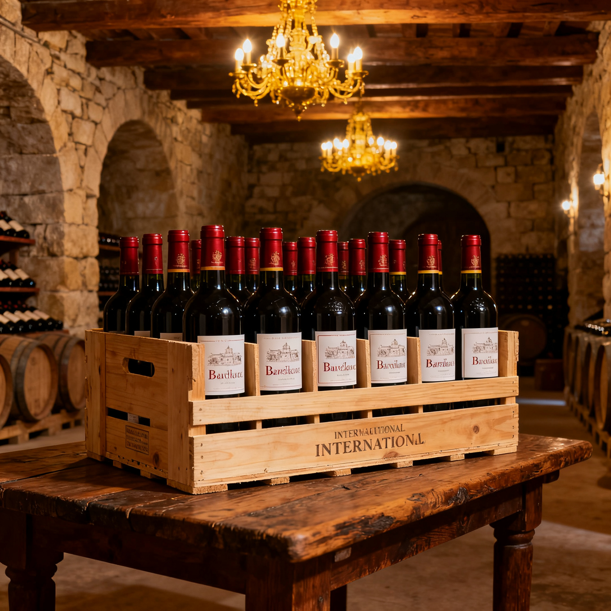 Caisses de bouteilles de vin français prêtes pour l'export international depuis une cave bordelaise