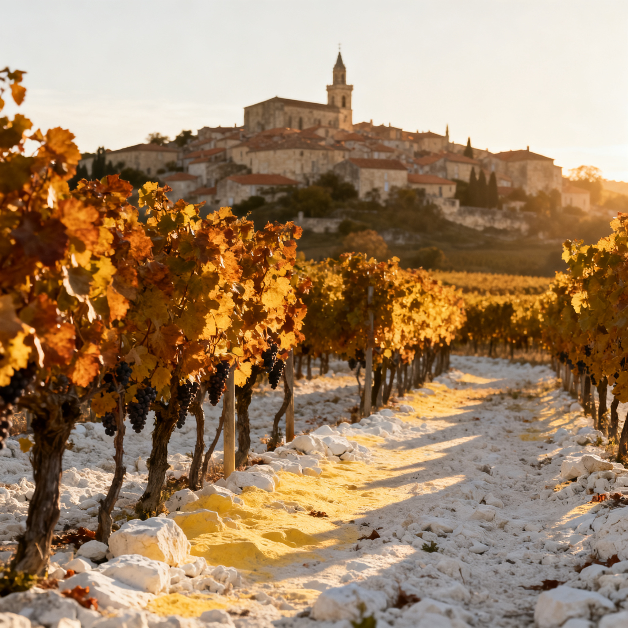 Vignoble de Saint-Émilion sur terroir calcaire à la lumière dorée, primeurs Bordeaux 2025