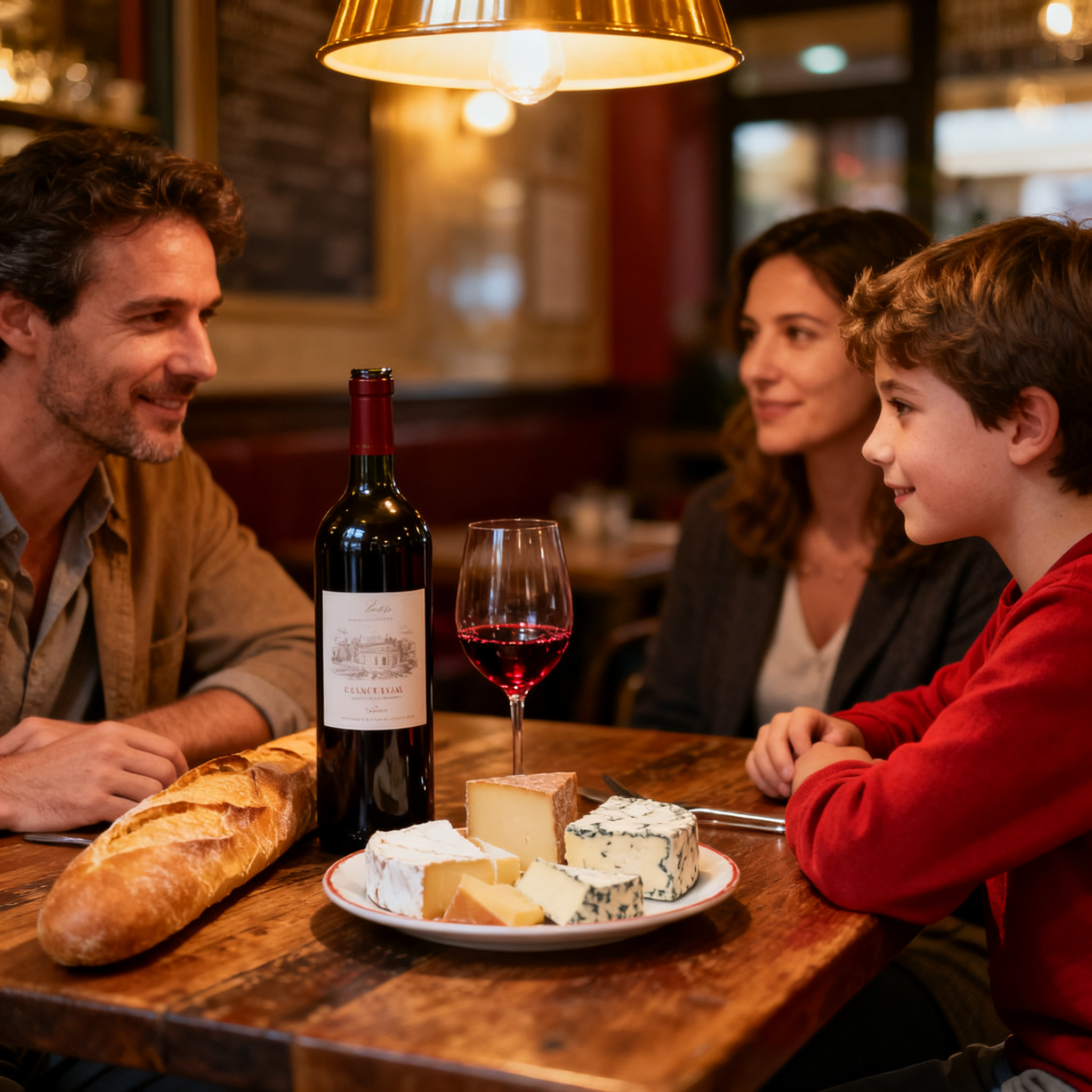 Famille réunie autour d'une table de bistro français avec vin rouge, baguette et fromage, tradition viticole