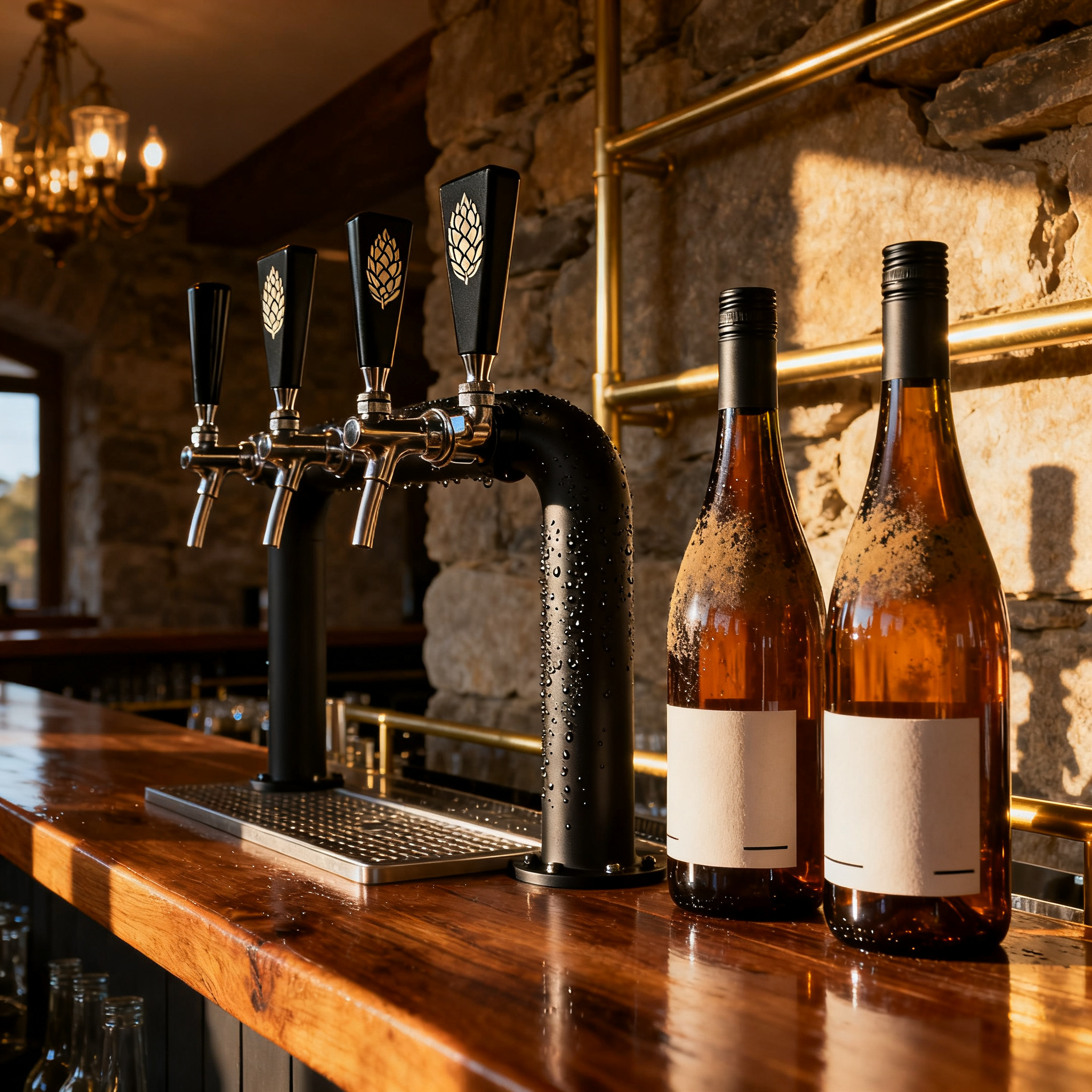 Tireuses à bière artisanale et bouteilles de vin dans un bar français moderne, comparaison des boissons