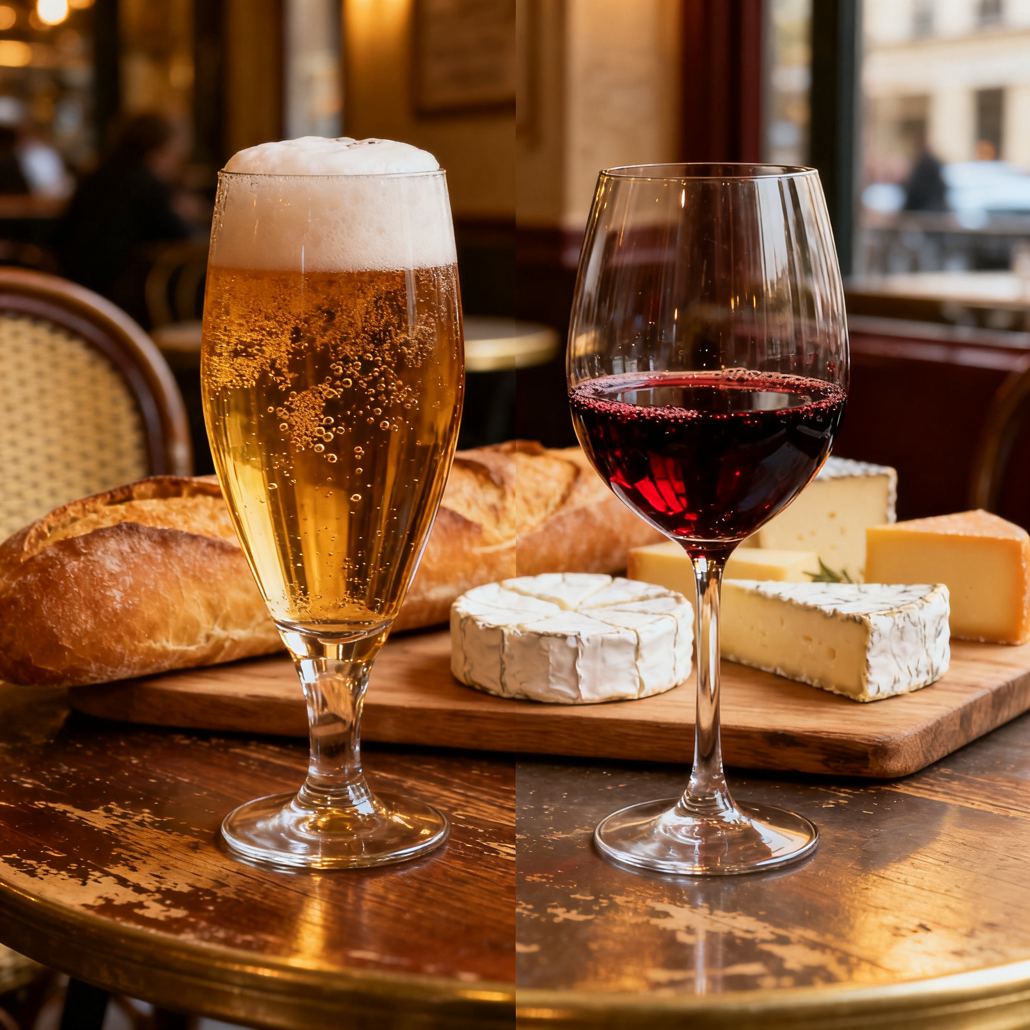 Verre de bière et verre de vin sur table de bistro français, bière dépasse vin en France