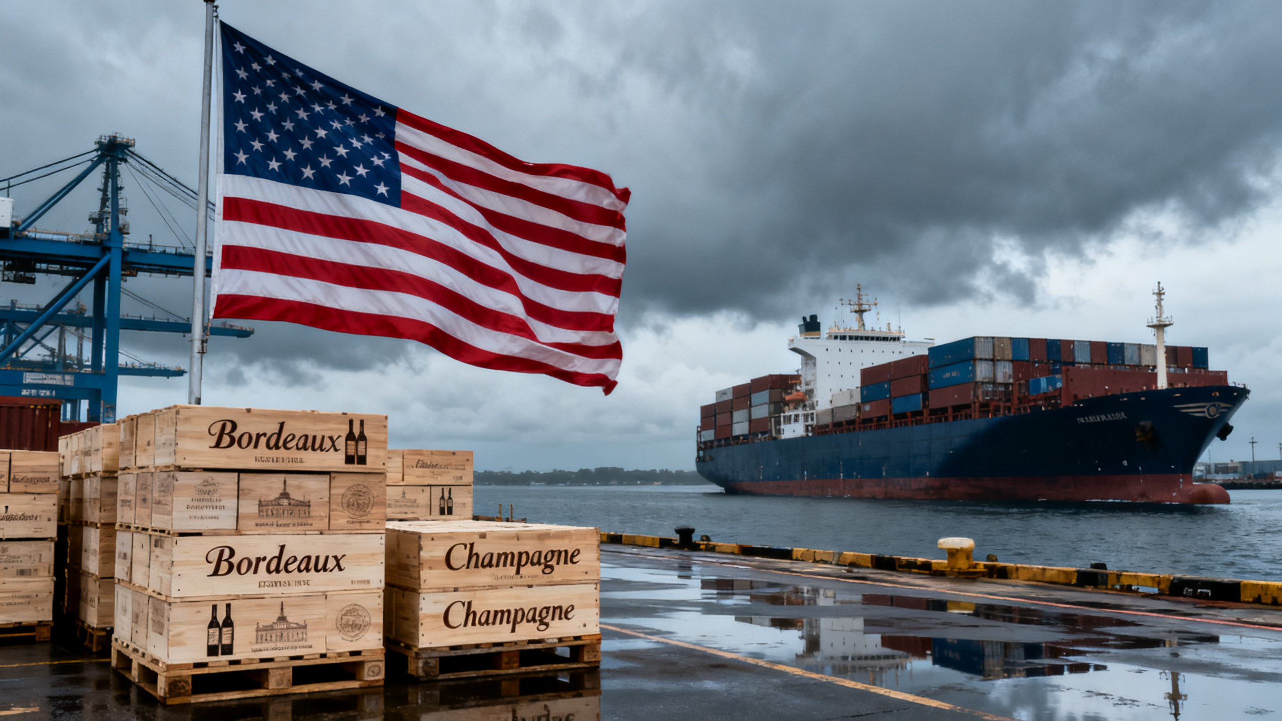 Container portuaire chargé palettes vin français quai port américain drapeau US visible commerce international