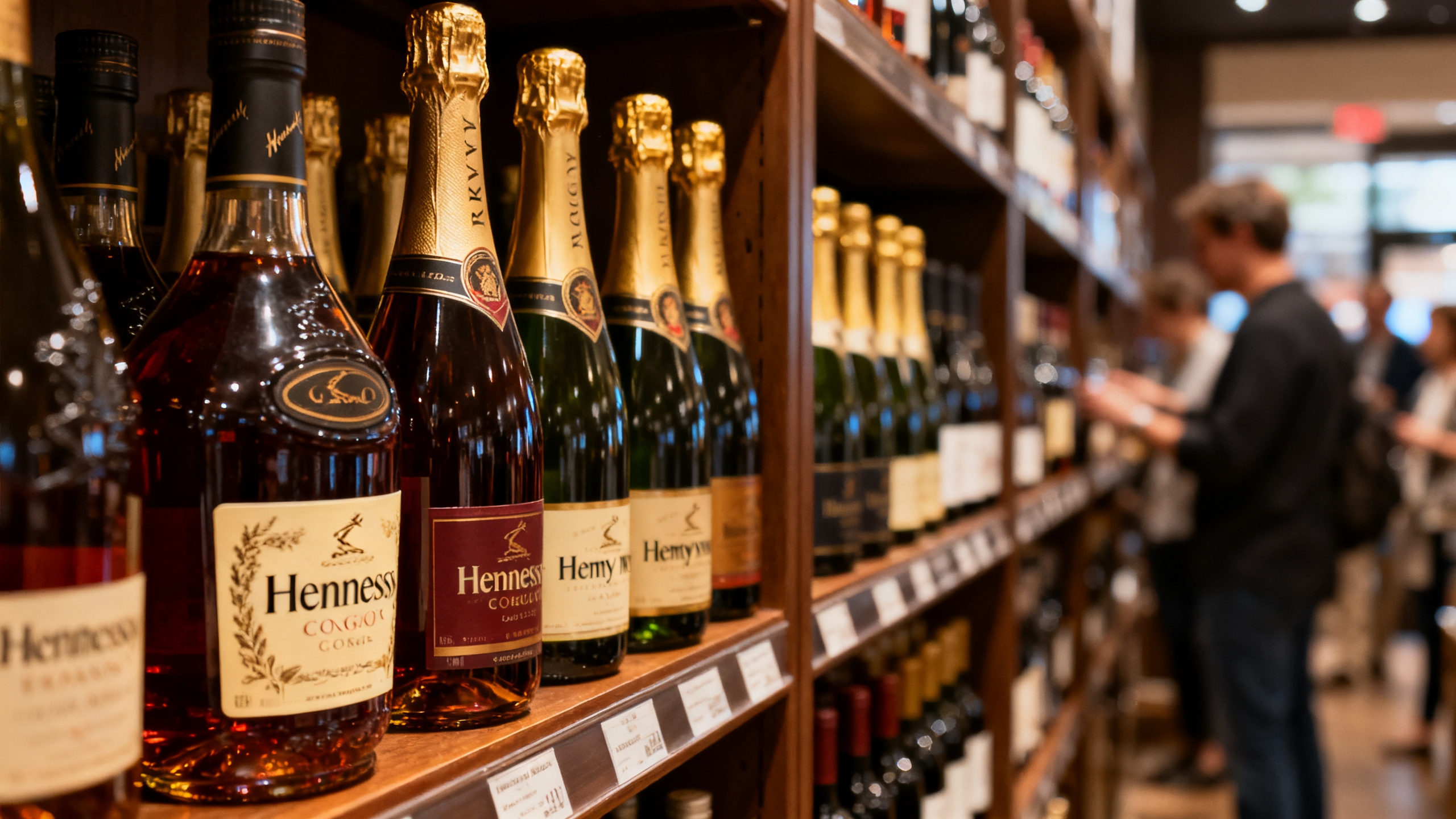 Bouteilles de cognac et de champagne français alignées sur étagère cave américaine, étiquettes visibles, lumière clair-obscur