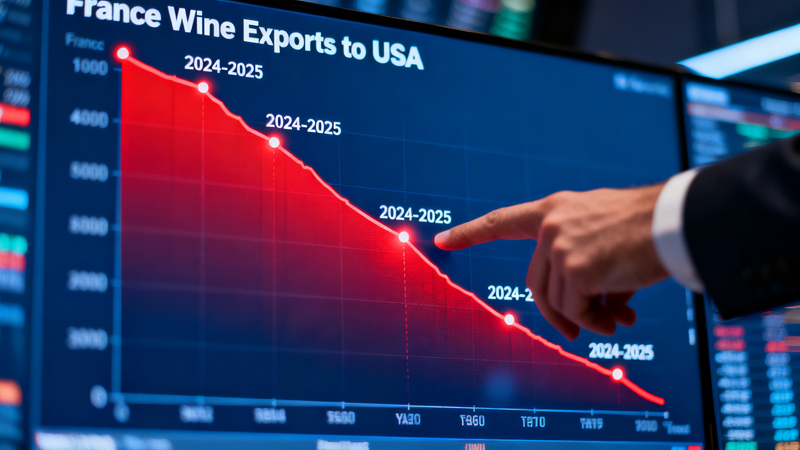 Salle de marché stylisée avec graphique en chute représentant exports vins français vers États-Unis, courbe descendante rouge écran