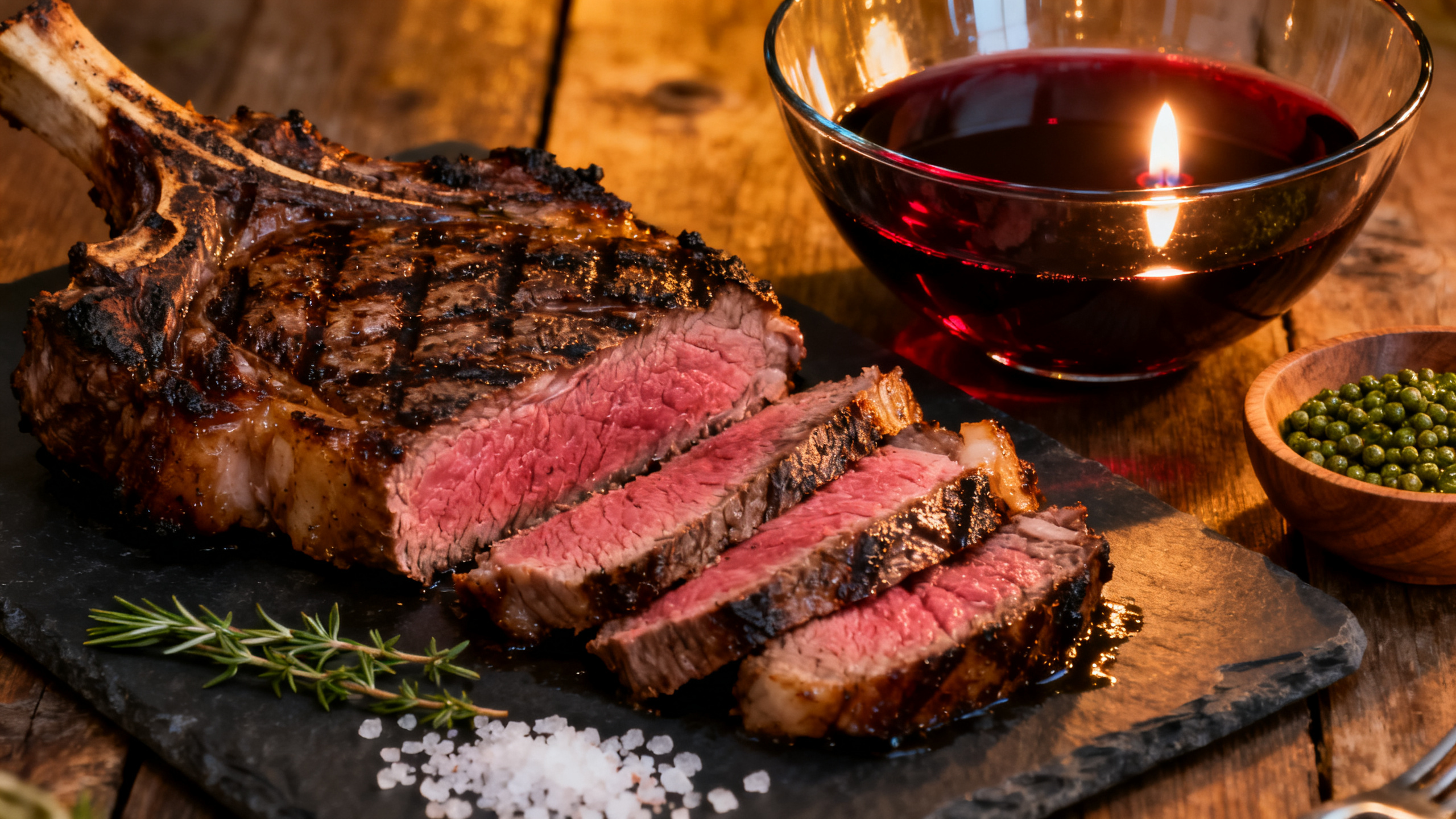 Côte de bœuf grillée saignante et vin rouge tannique en accord — Cabernet Syrah Malbec