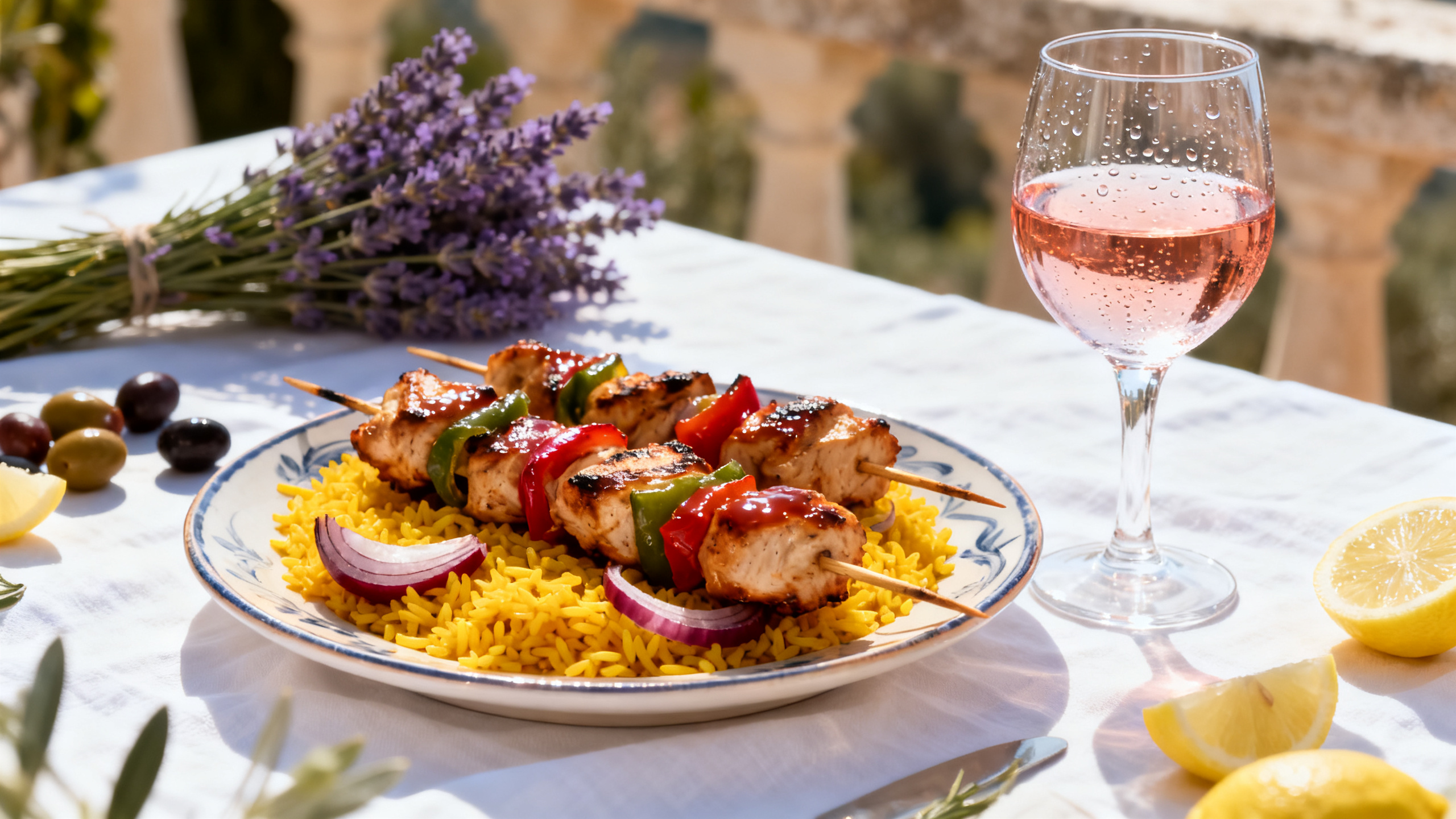 Brochettes de poulet grillées et rosé de Provence sur terrasse ensoleillée — accord barbecue été