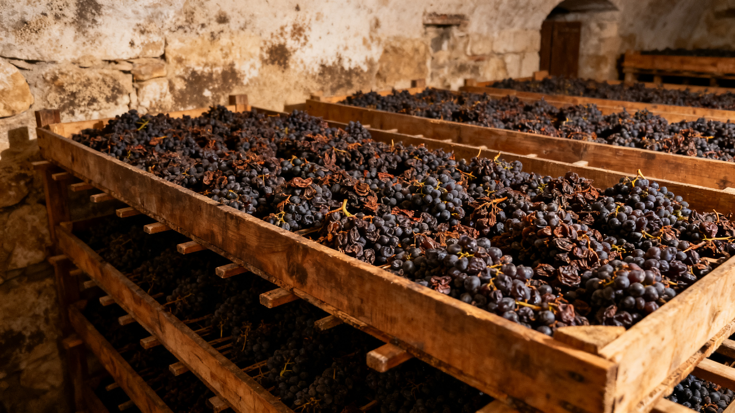 Cave traditionnelle d'appassimento avec grappes de Corvina en sechage pour Amarone