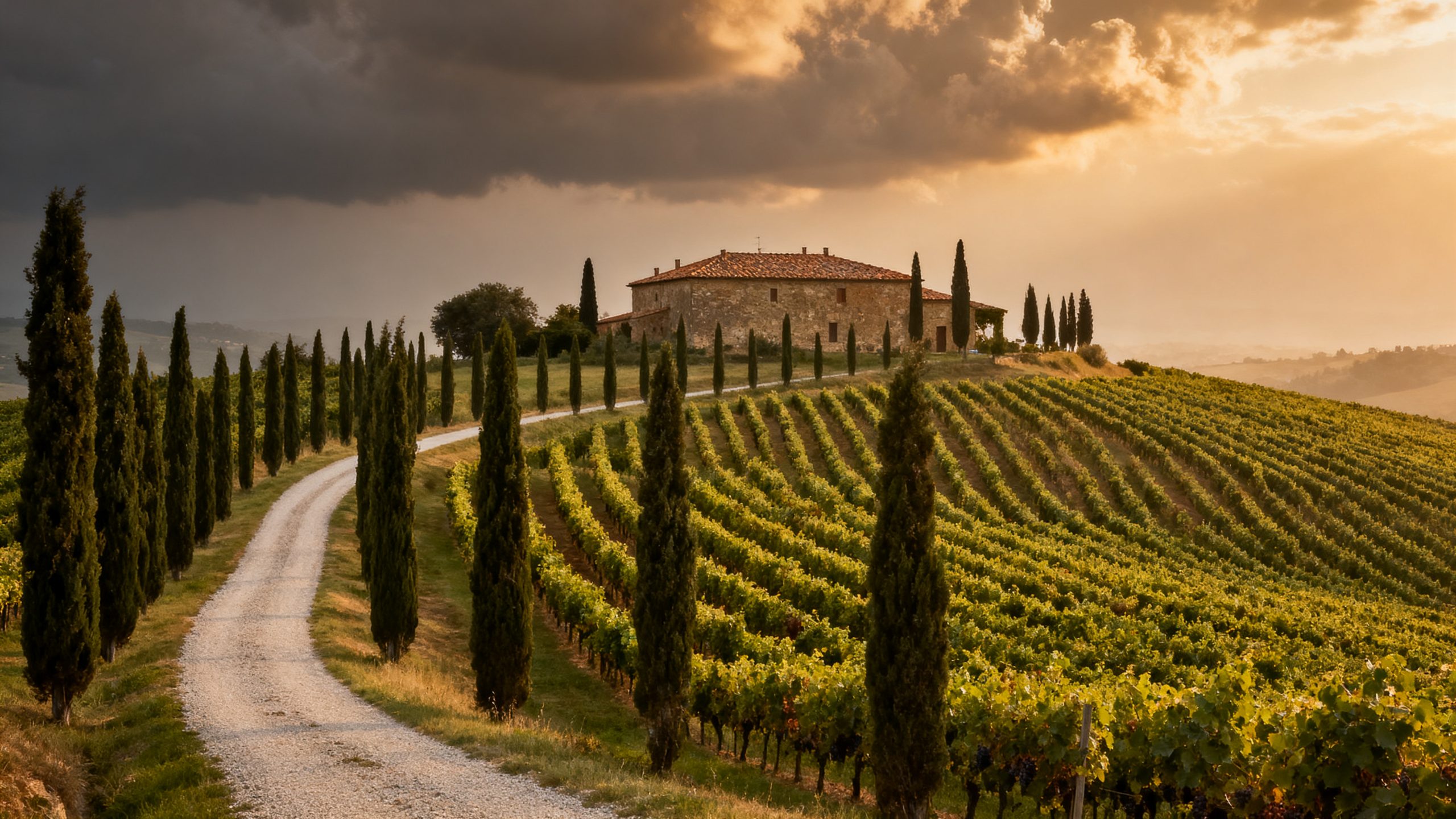 Vignobles toscans du Chianti avec cypres et collines au coucher du soleil