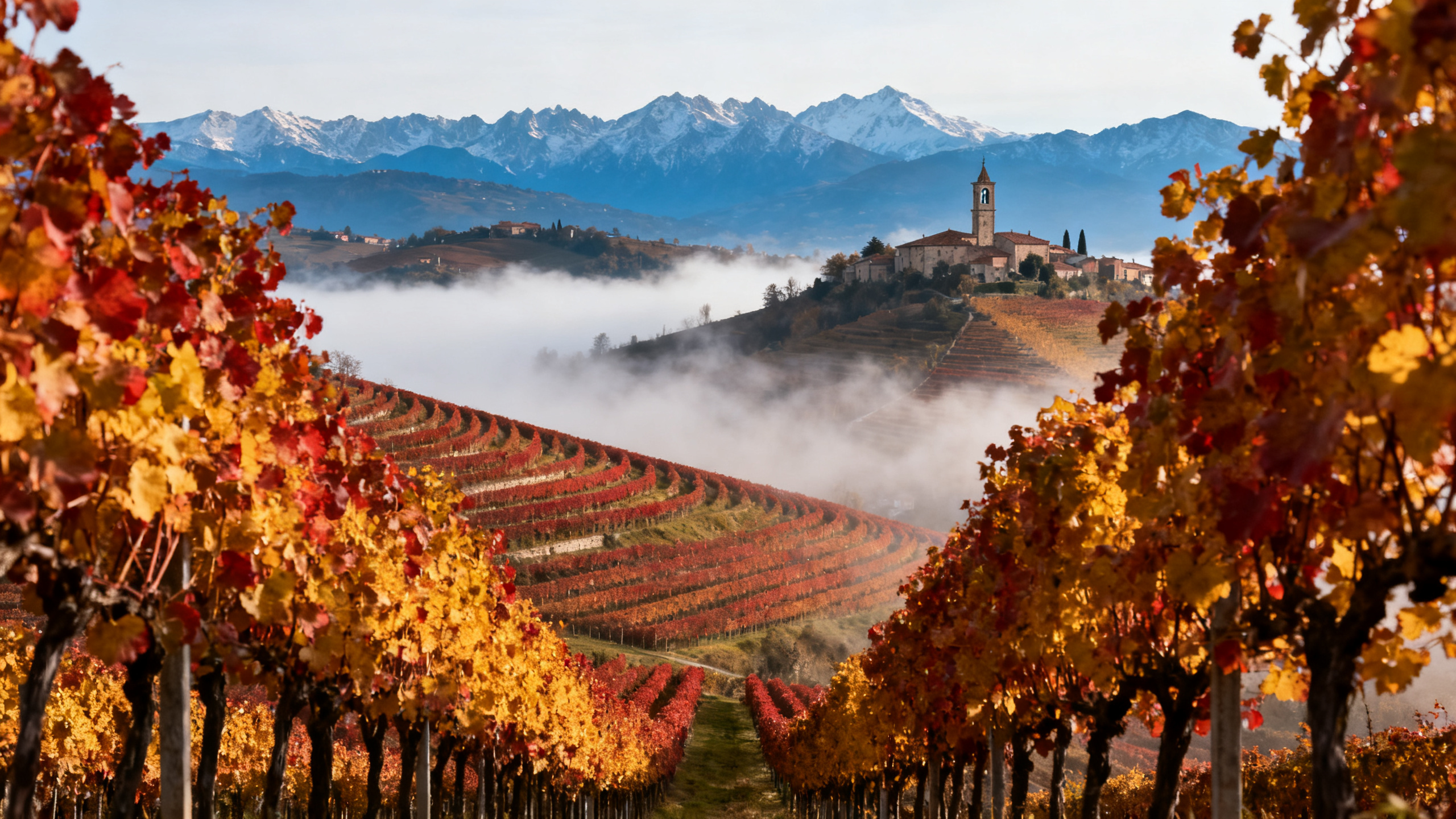 Vignobles du Piémont en automne sous la brume avec vue sur les Alpes