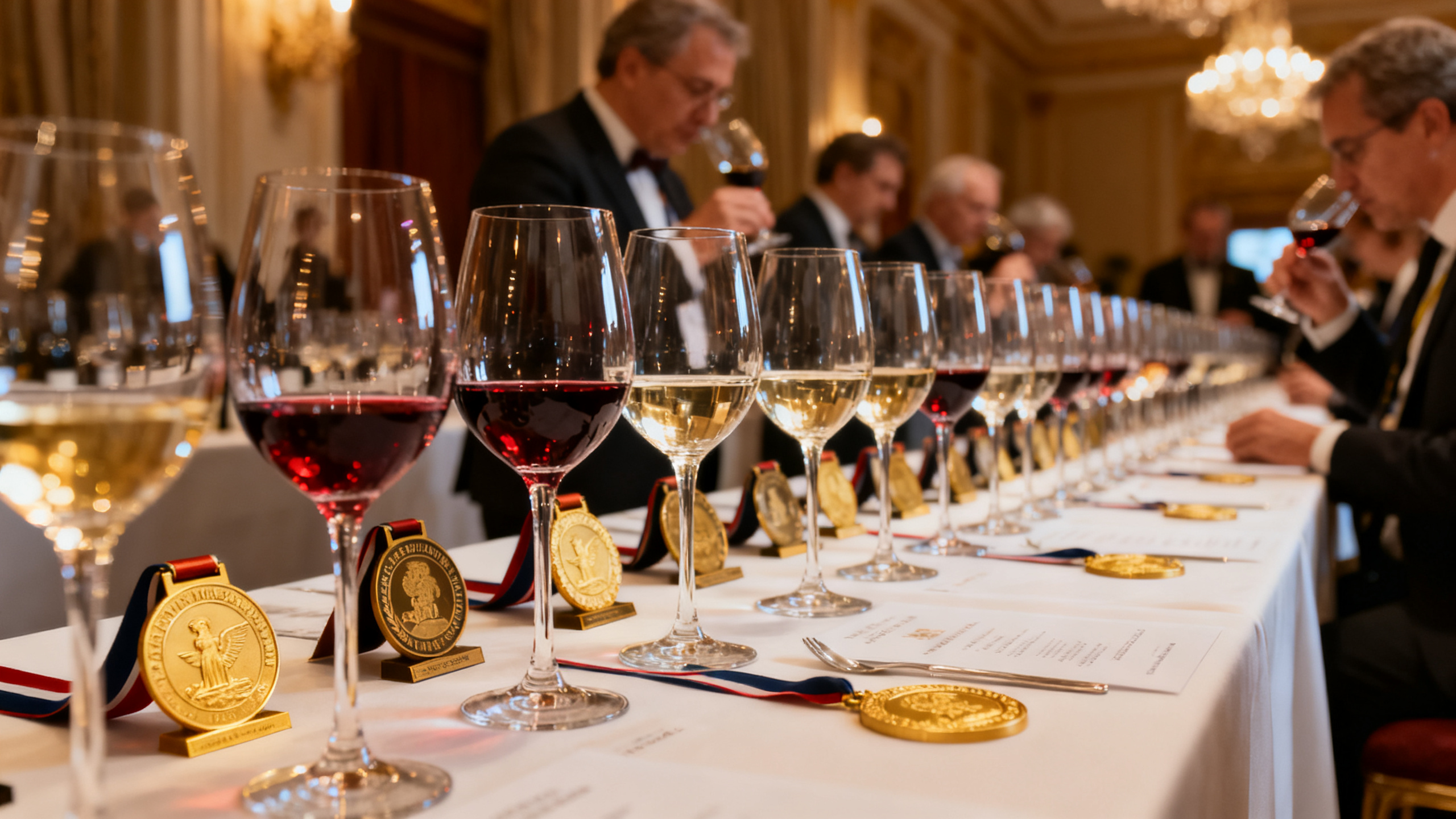 Cérémonie de remise des médailles IWSC 2026 avec verres de vin