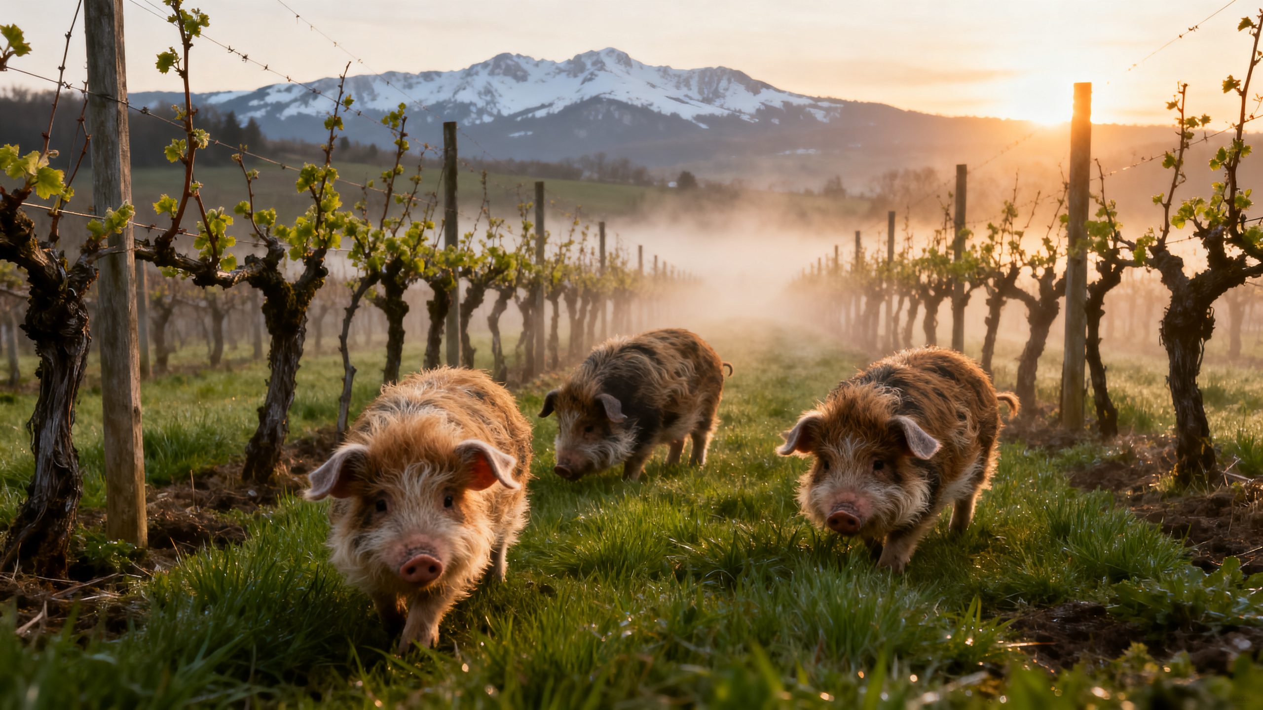 Trois cochons Kunekune néo-zélandais broutant entre les rangs de vigne dans le Jura au lever du soleil