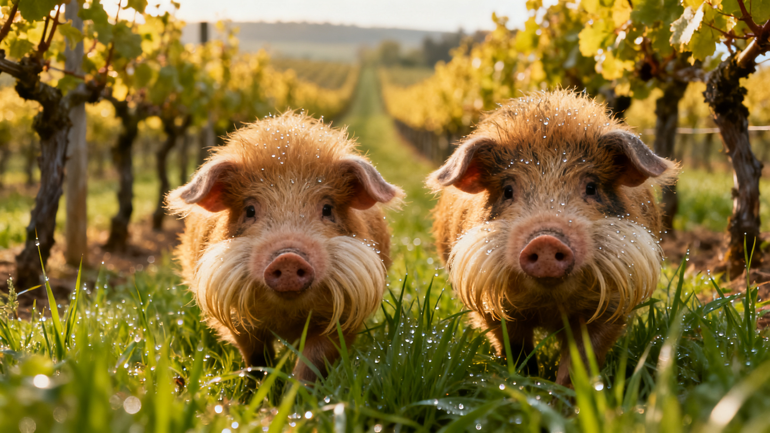 Deux cochons Kunekune en gros plan désherbant naturellement les rangs de vigne savagnin