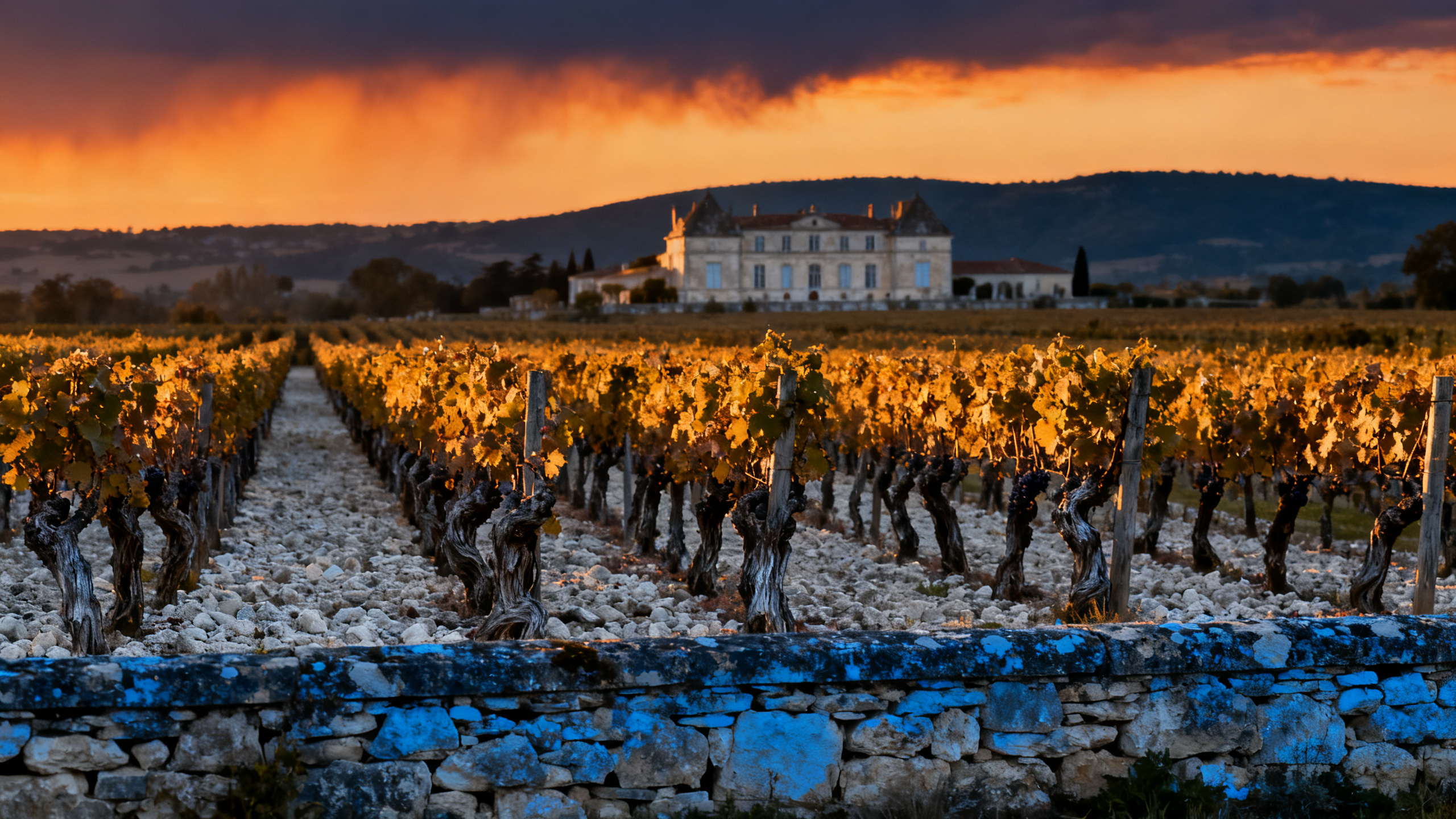 Vignoble Château Lafite Rothschild à Pauillac, rangées de Cabernet Sauvignon, paysage du Médoc