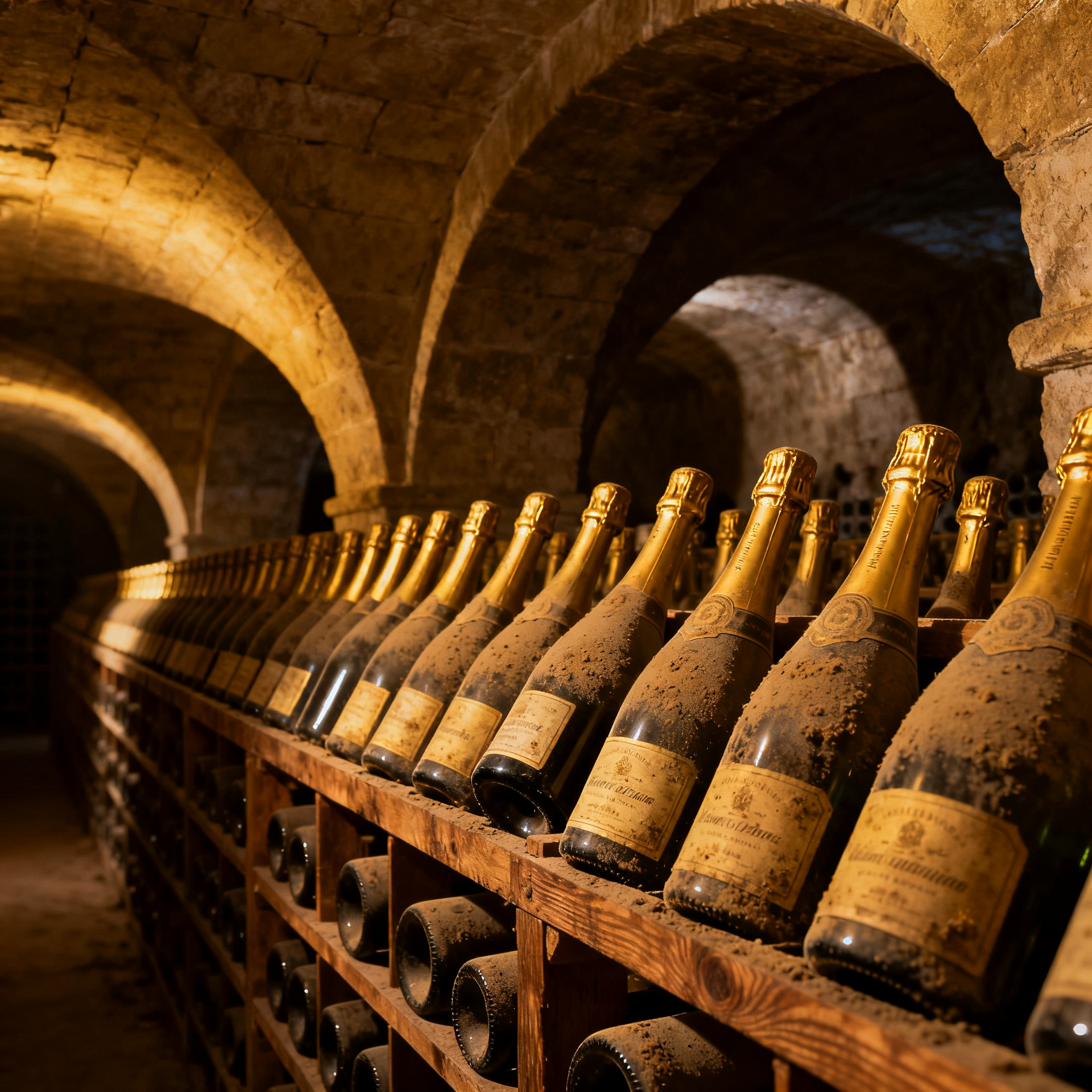 Cave voûtée de la maison Lanson à Reims, bouteilles Noble Cuvée en cours de vieillissement sur des racks en bois
