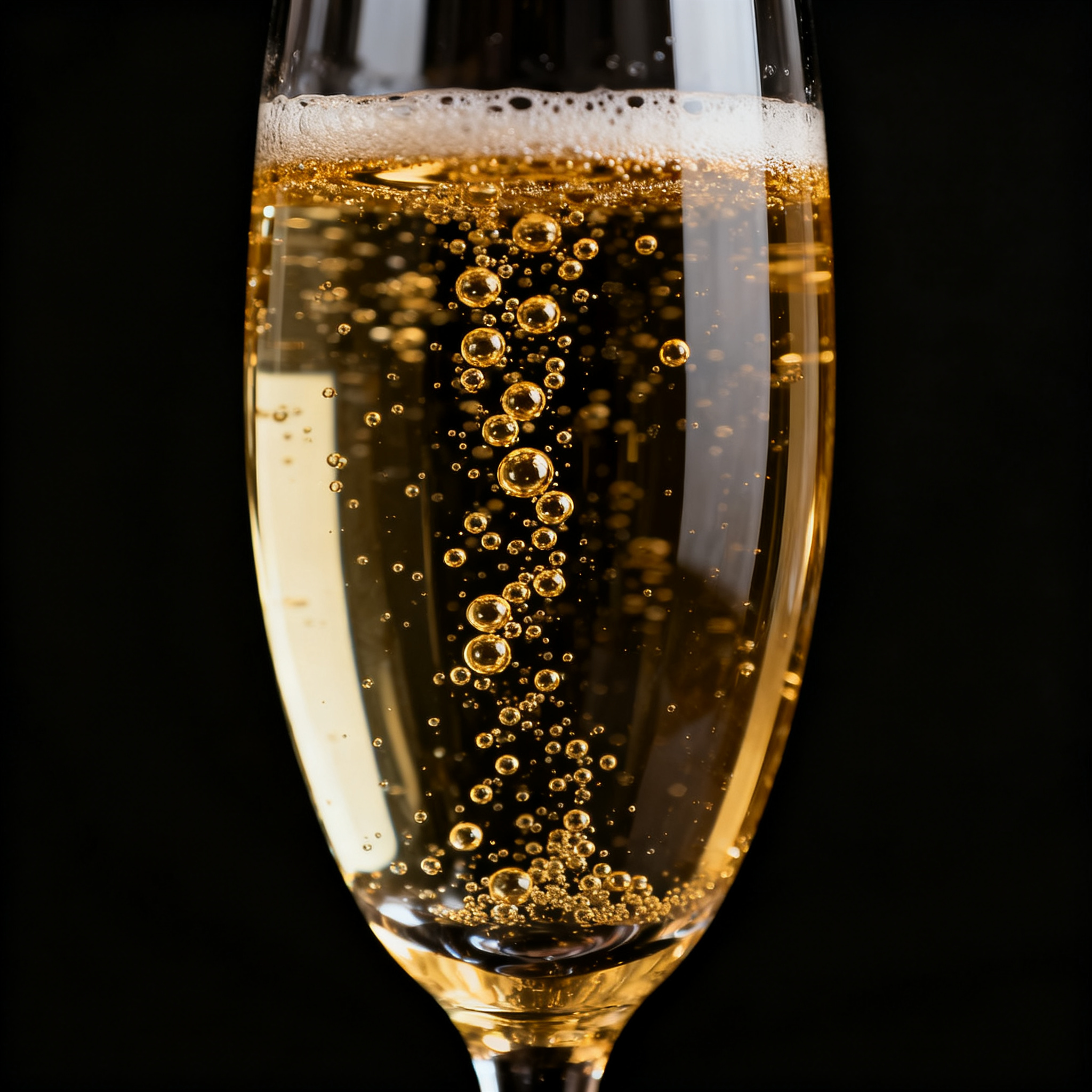 Flûte de Champagne Noble Cuvée Lanson avec fines bulles dorées montant en spirale sur fond noir