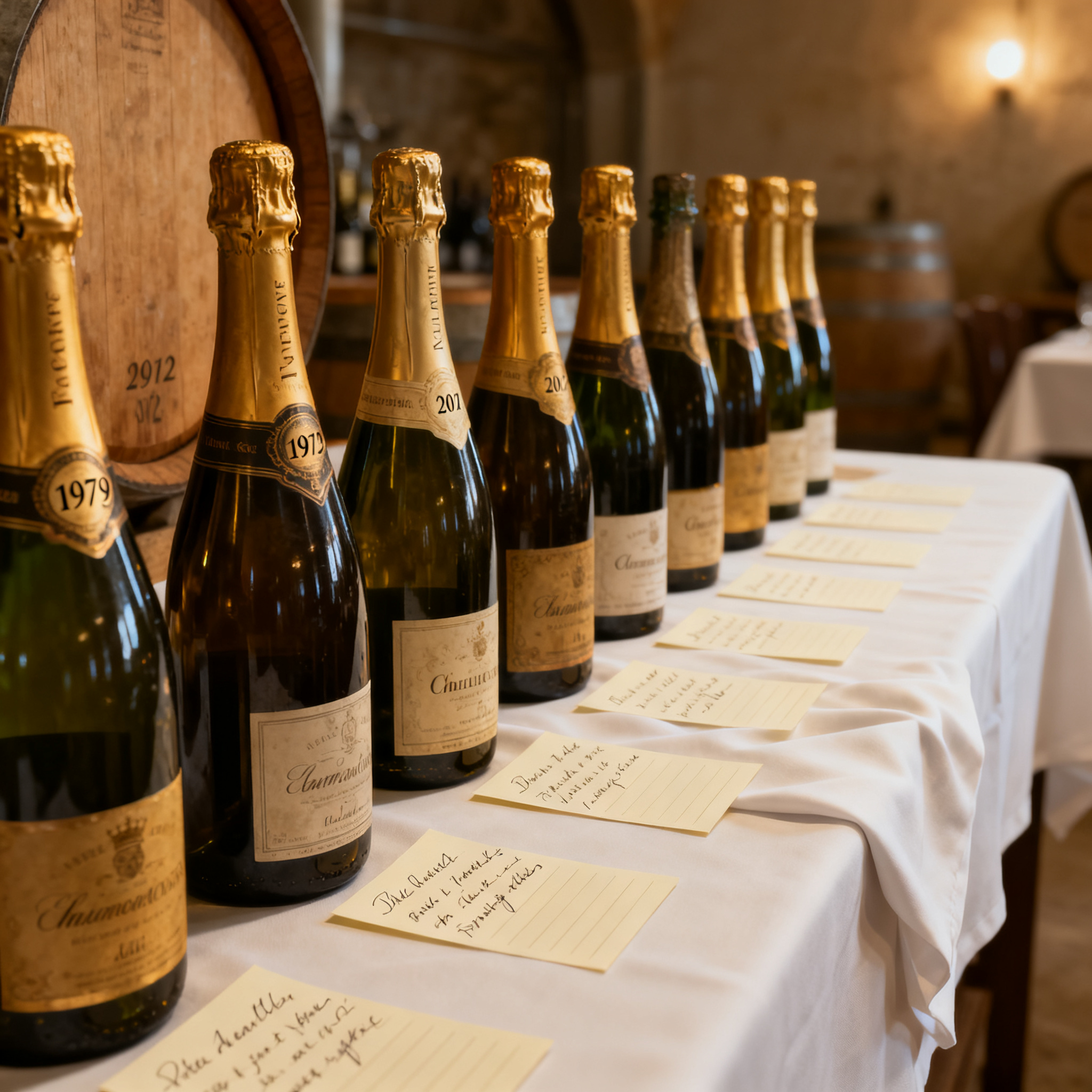 Table de dégustation verticale Lanson Noble Cuvée, bouteilles de 1979 à 2012 alignées sur nappe blanche
