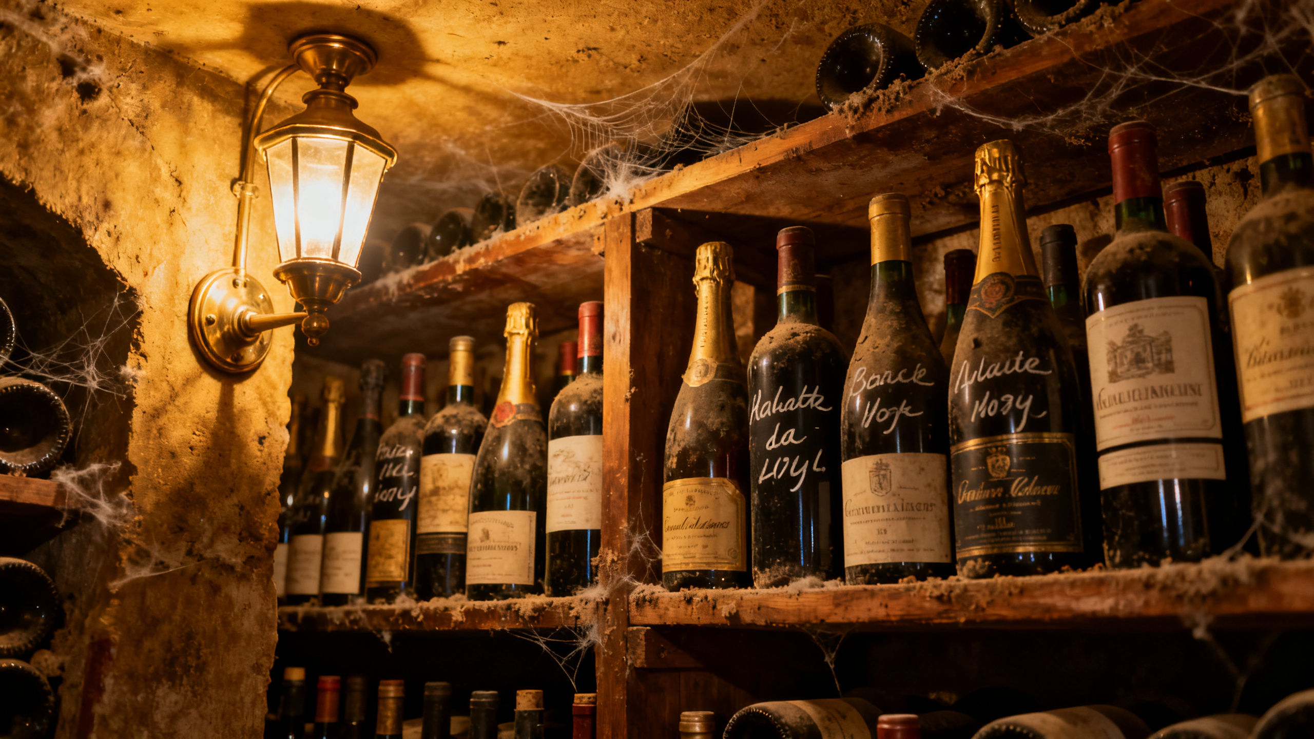 Cave privée de collectionneur avec bouteilles légendaires de Bordeaux Bourgogne et Champagne alignées sur racks en bois