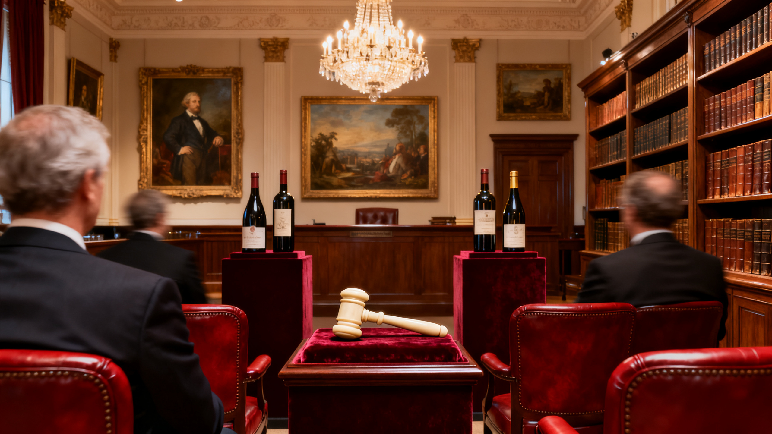 Salle d'enchères Christie's avec bouteilles de vins rares en vitrine et ambiance de luxe pendant la vente caritative Lloyd Webber