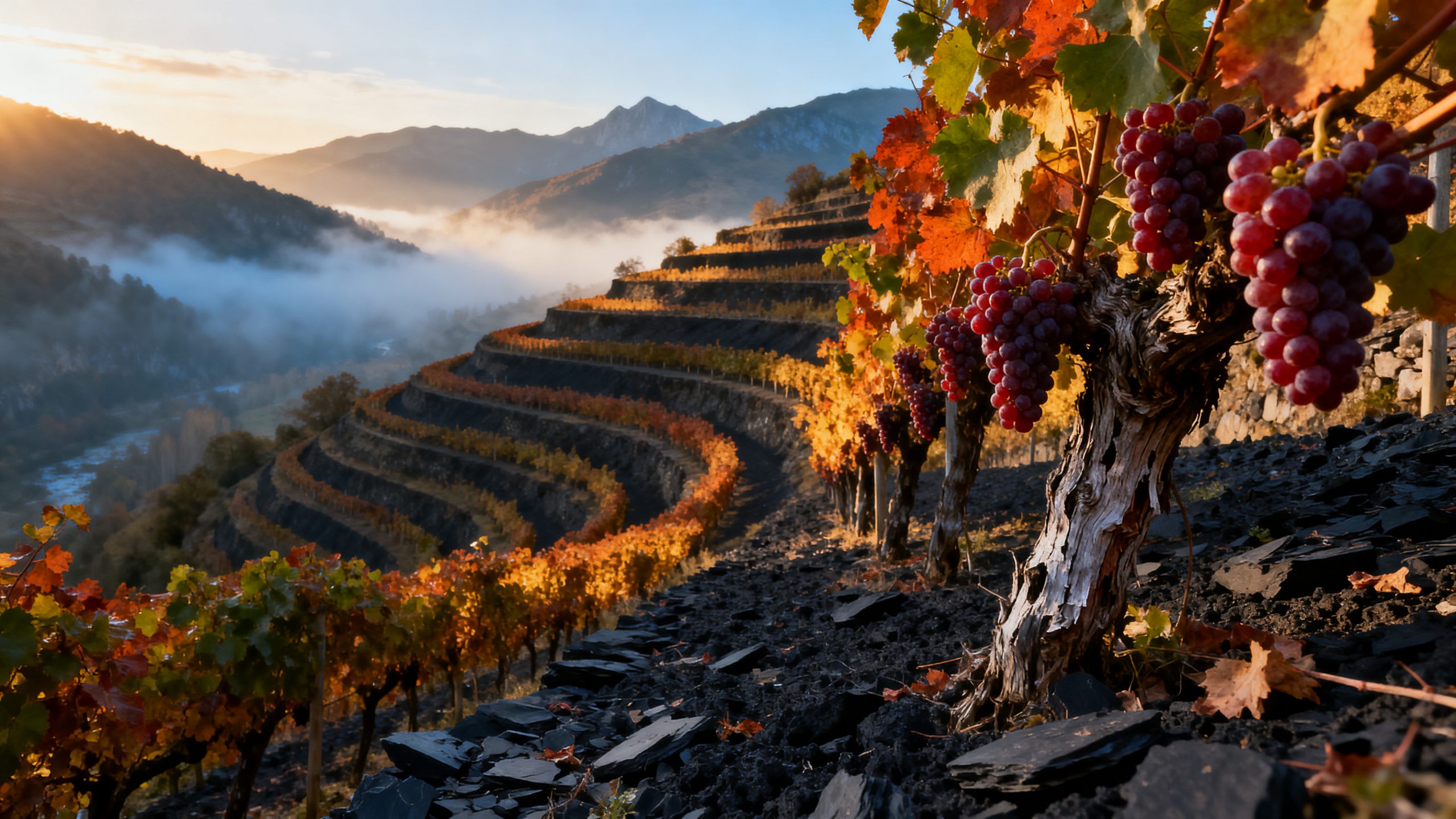 Vignoble en terrasses sur ardoise pizarra à Bierzo, grappes de Mencía en automne