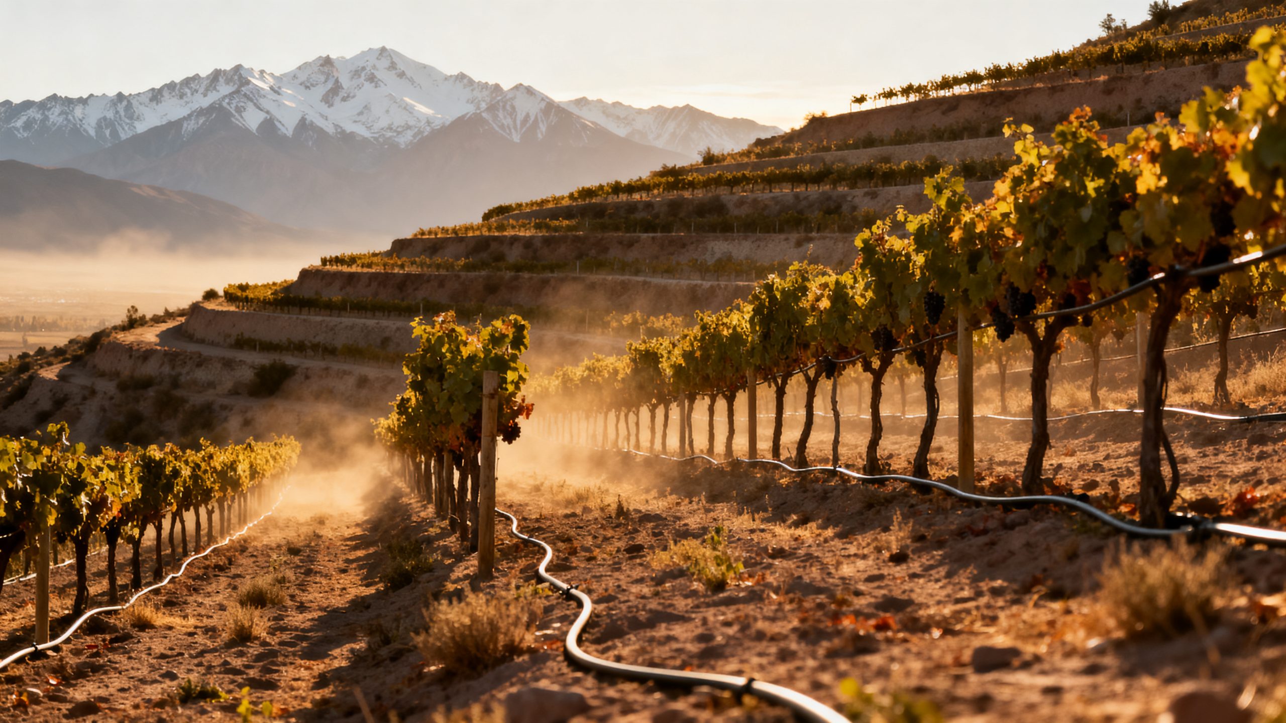 Vignobles de Mendoza au pied des Andes enneigées, lumière de fin d-après-midi
