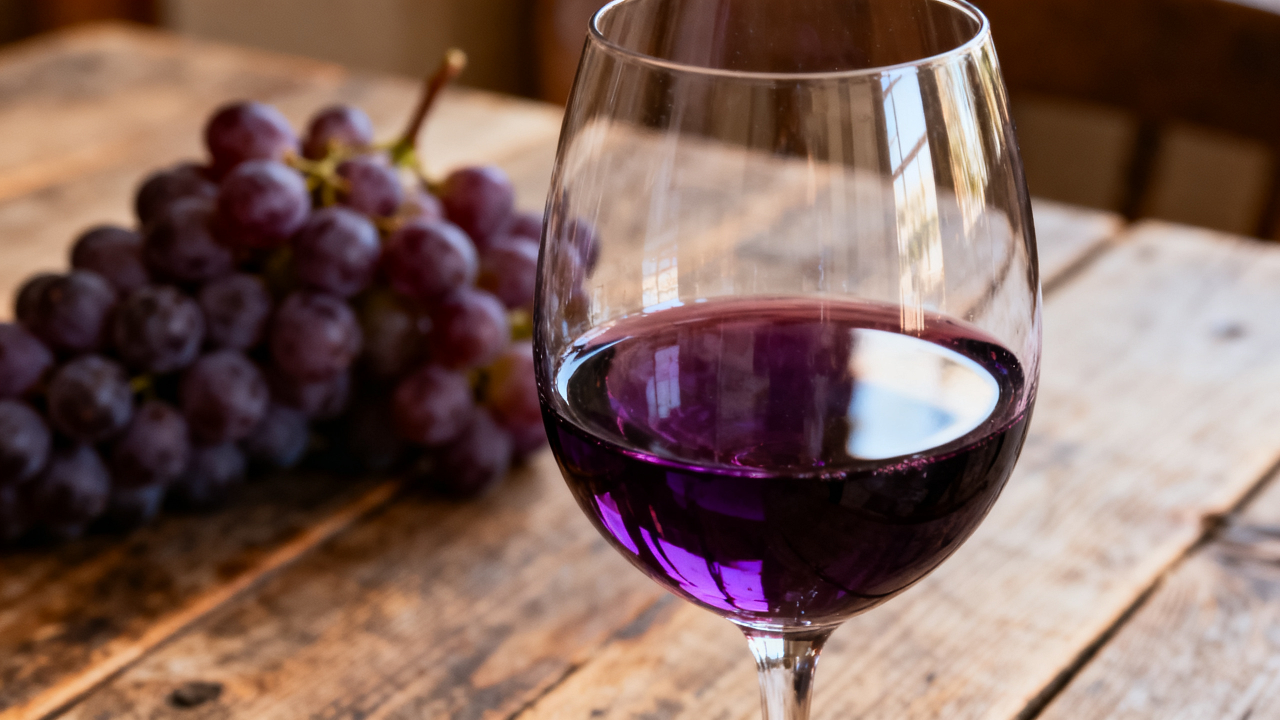 Verre de Malbec argentin sur table en bois rustique avec grappe de raisin