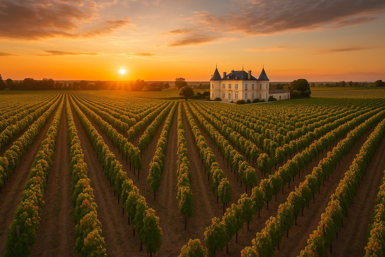 Vue aérienne du Château Mouton Rothschild et ses vignobles de Cabernet Sauvignon à Pauillac