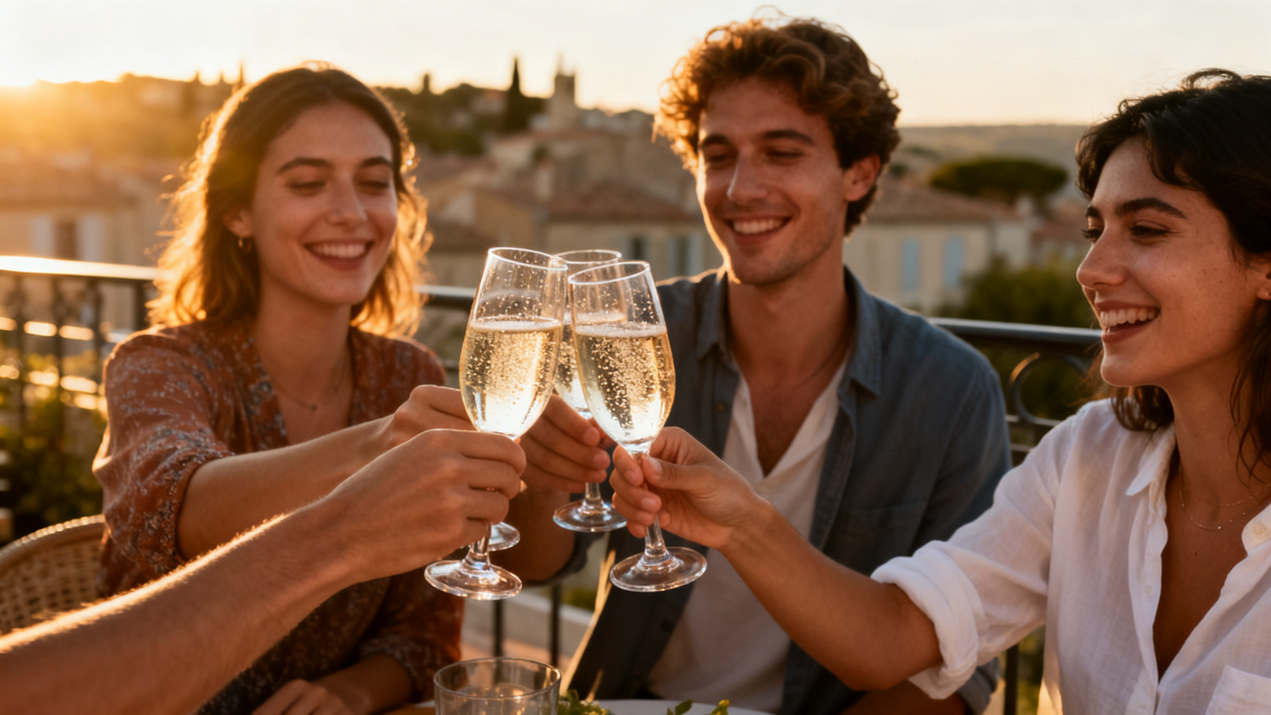 Des amis trinquent avec des vins sans alcool en terrasse — tendance sober curious 2026