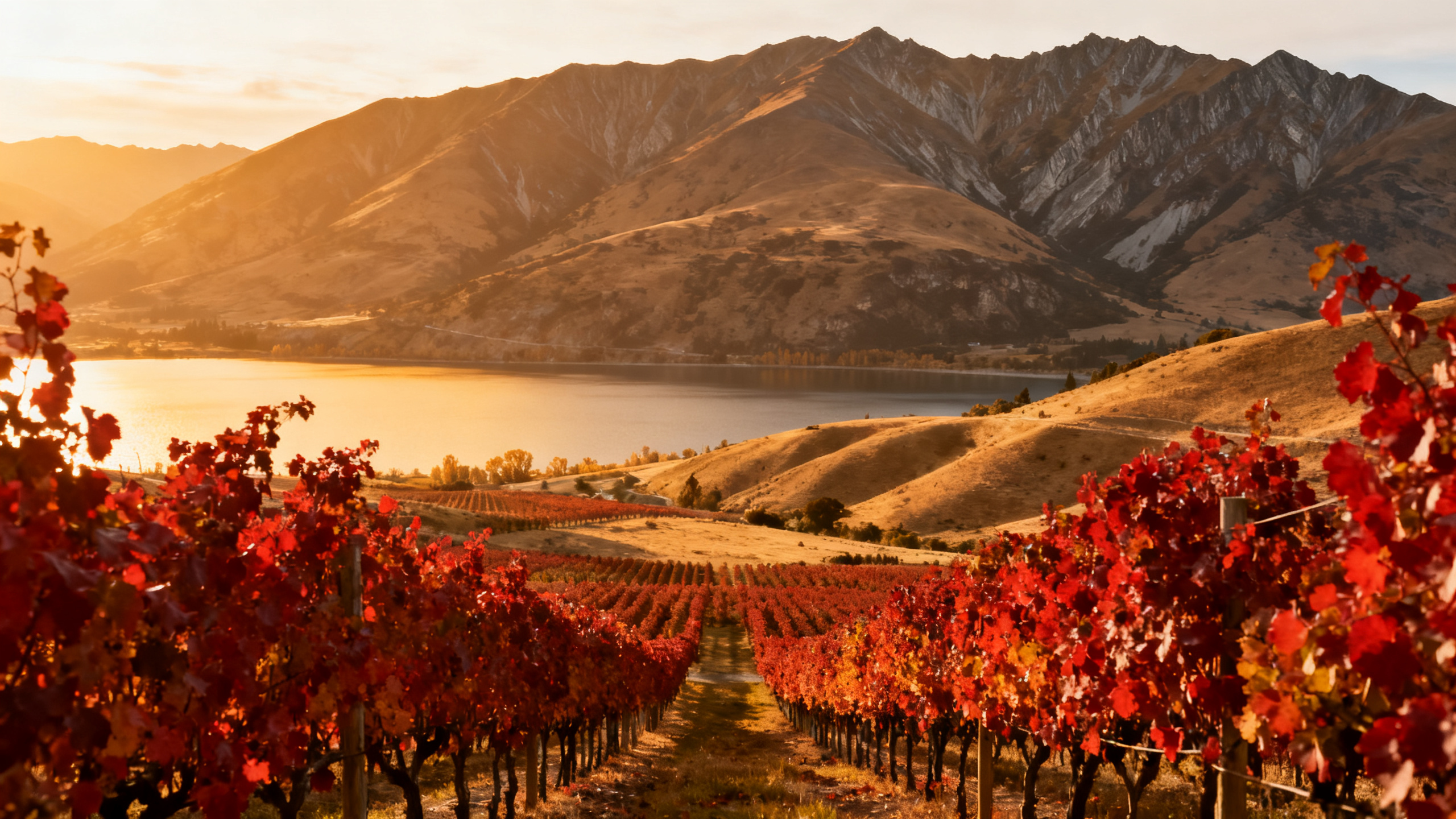 Vignobles de Central Otago en automne avec lac Dunstan et montagnes de schiste
