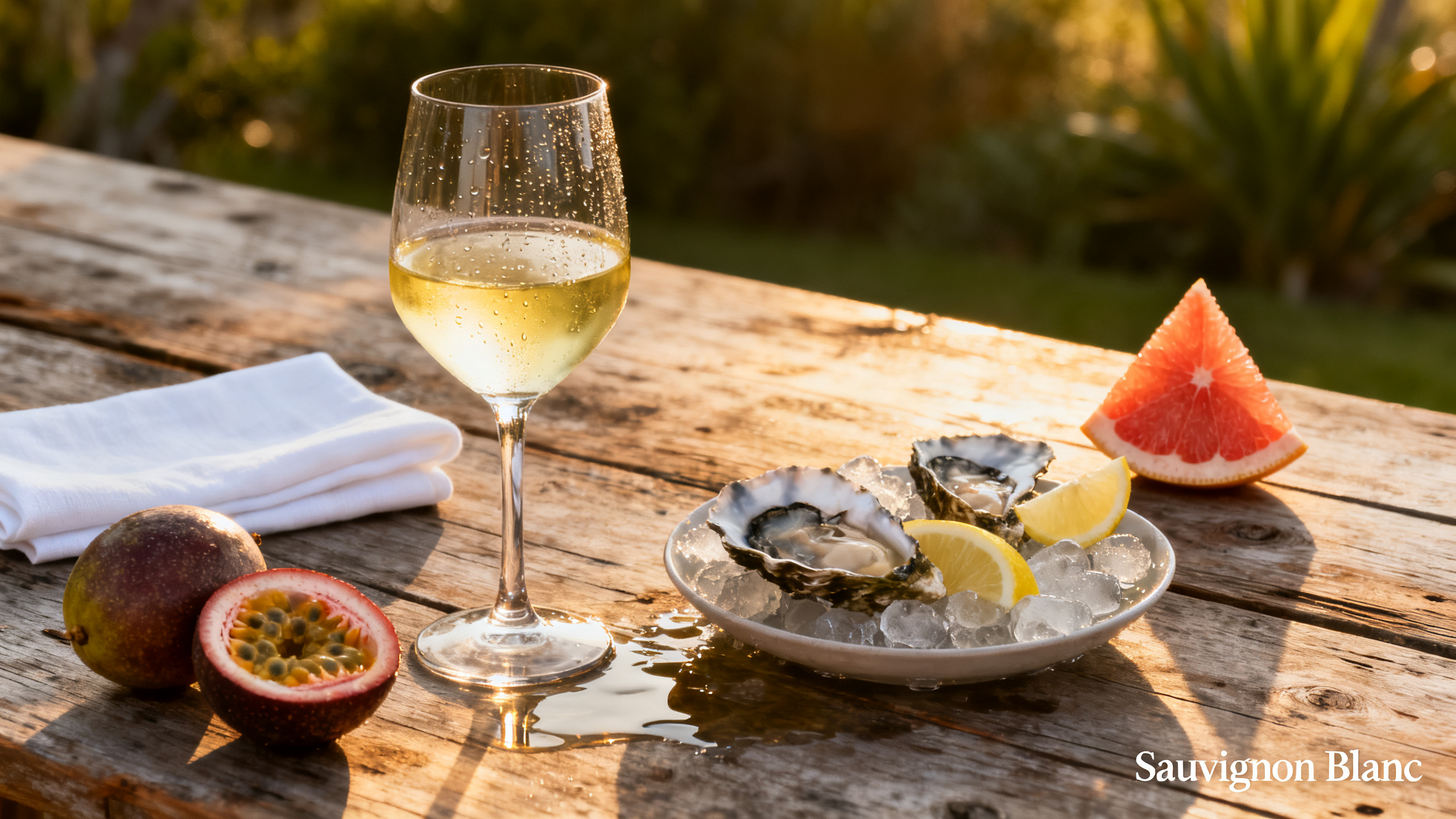Verre de Sauvignon Blanc Marlborough avec huitres Bluff fruit de la passion et pamplemousse