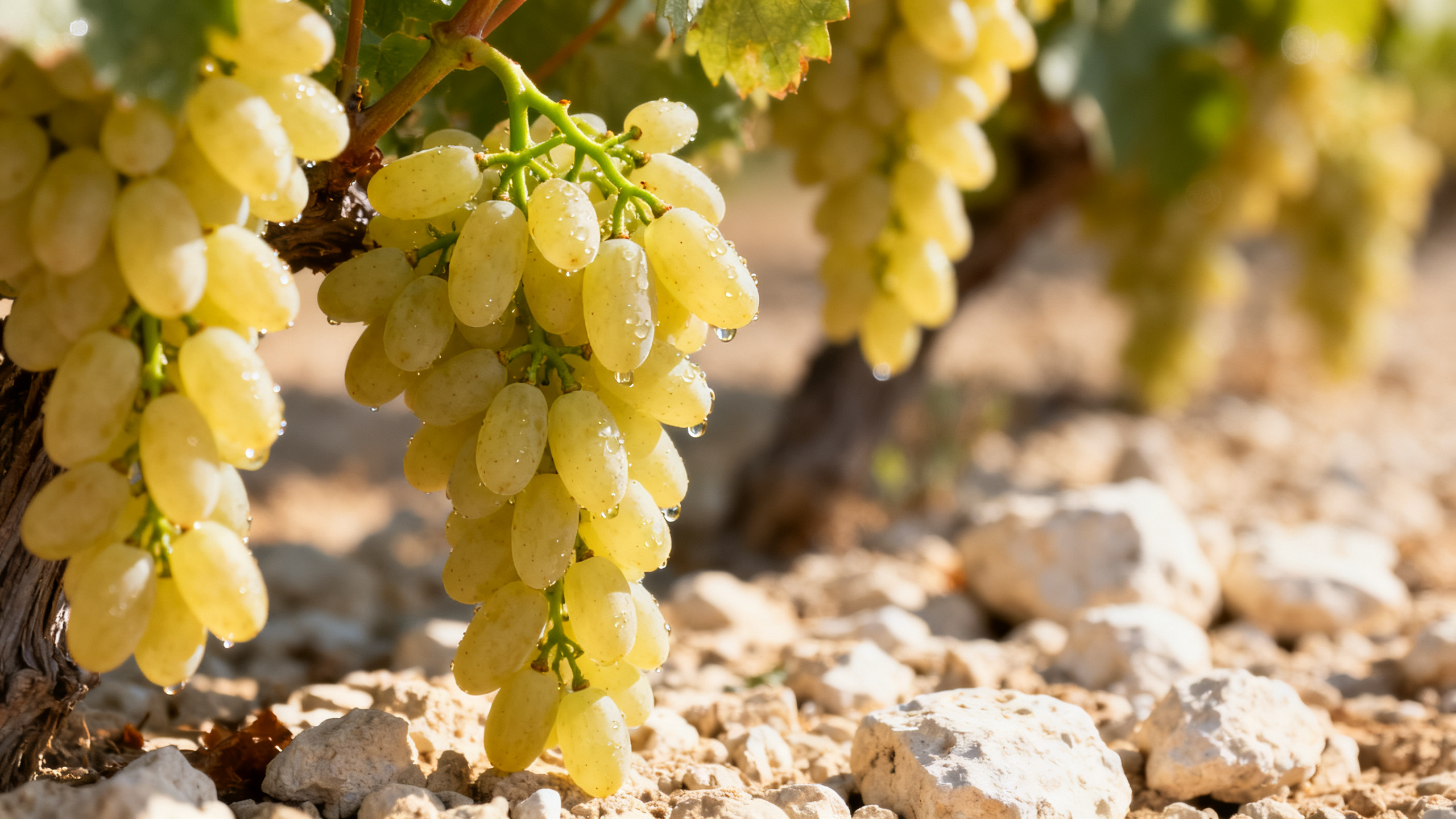 Grappe de Piquepoul Blanc, cépage blanc du Languedoc, vue rapprochée macro