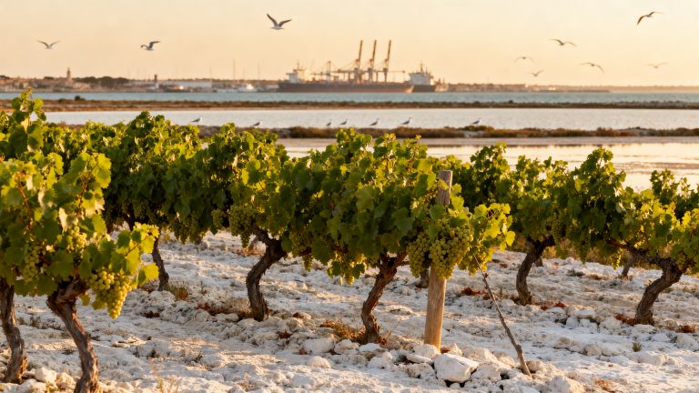 Vignoble Picpoul de Pinet en Languedoc avec etang de Thau