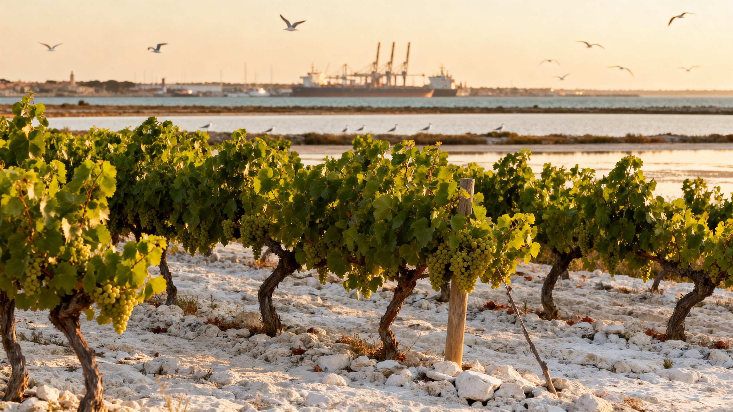 Vignoble Picpoul de Pinet en Languedoc avec etang de Thau