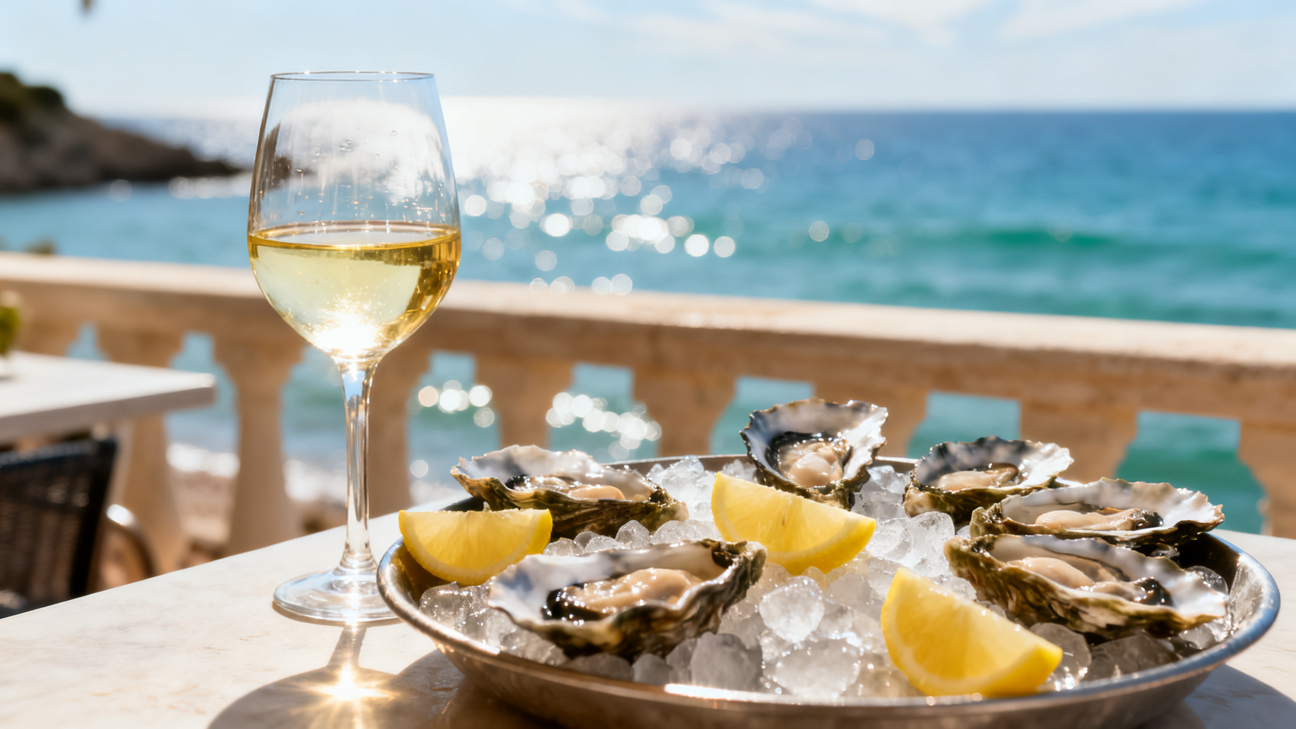 Verre de Picpoul de Pinet servi avec plateau d huitres de Bouzigues sur terrasse mediterraneenne